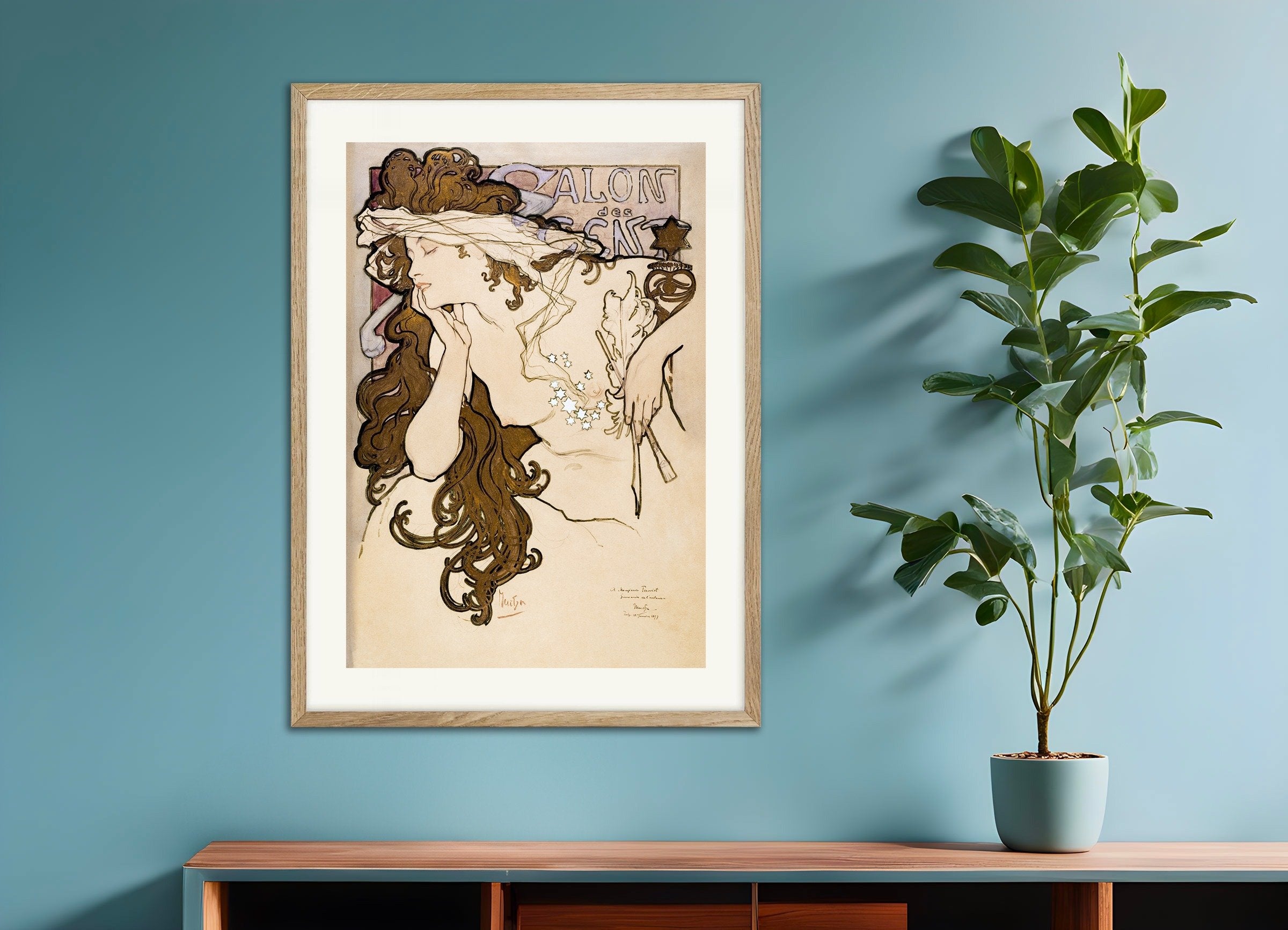 Poster of Salon of the Hundred poster (1896) by Alfons Mucha, with natural wooden frame