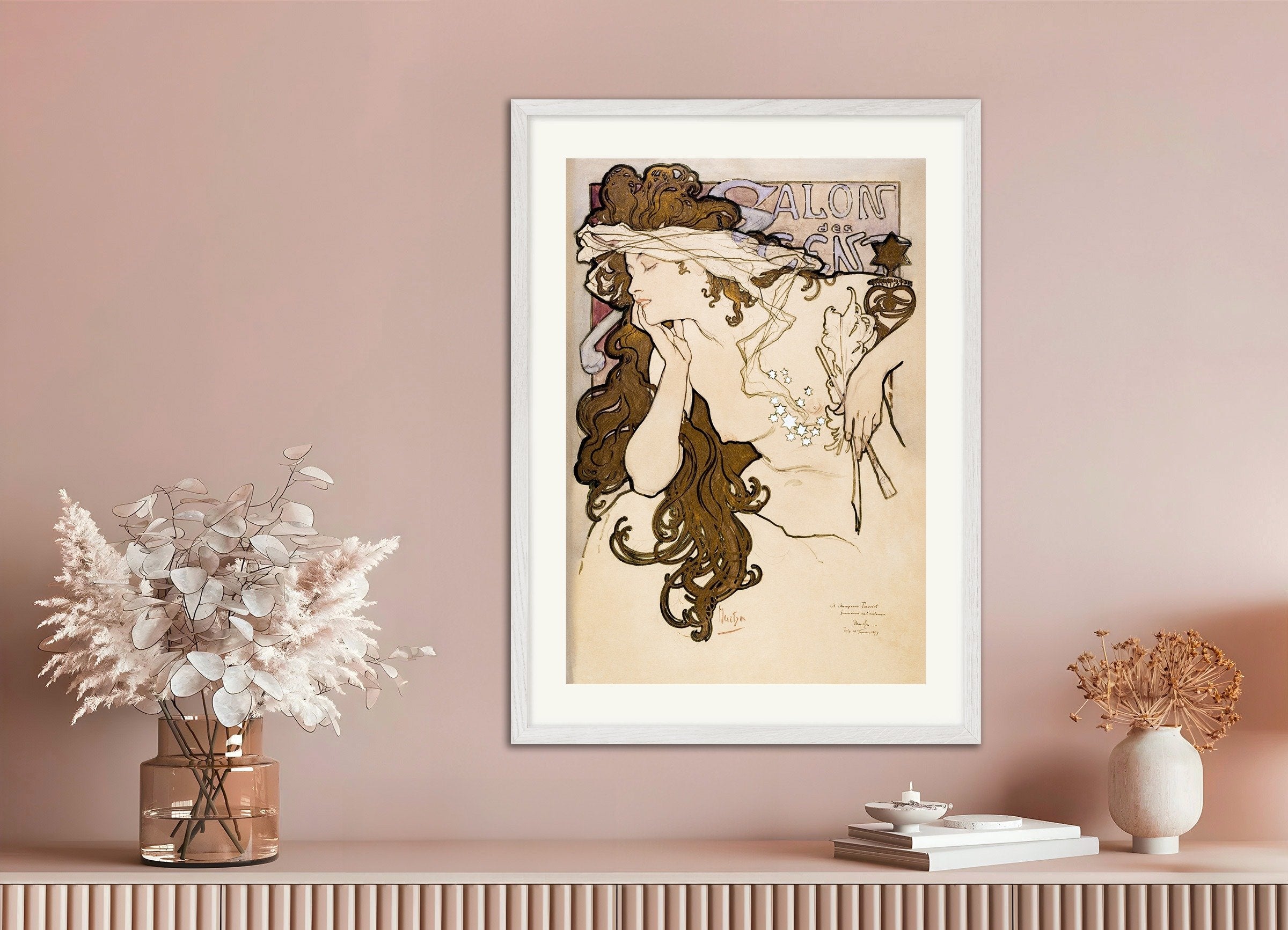 Poster of Salon of the Hundred poster (1896) by Alfons Mucha, with white wooden frame