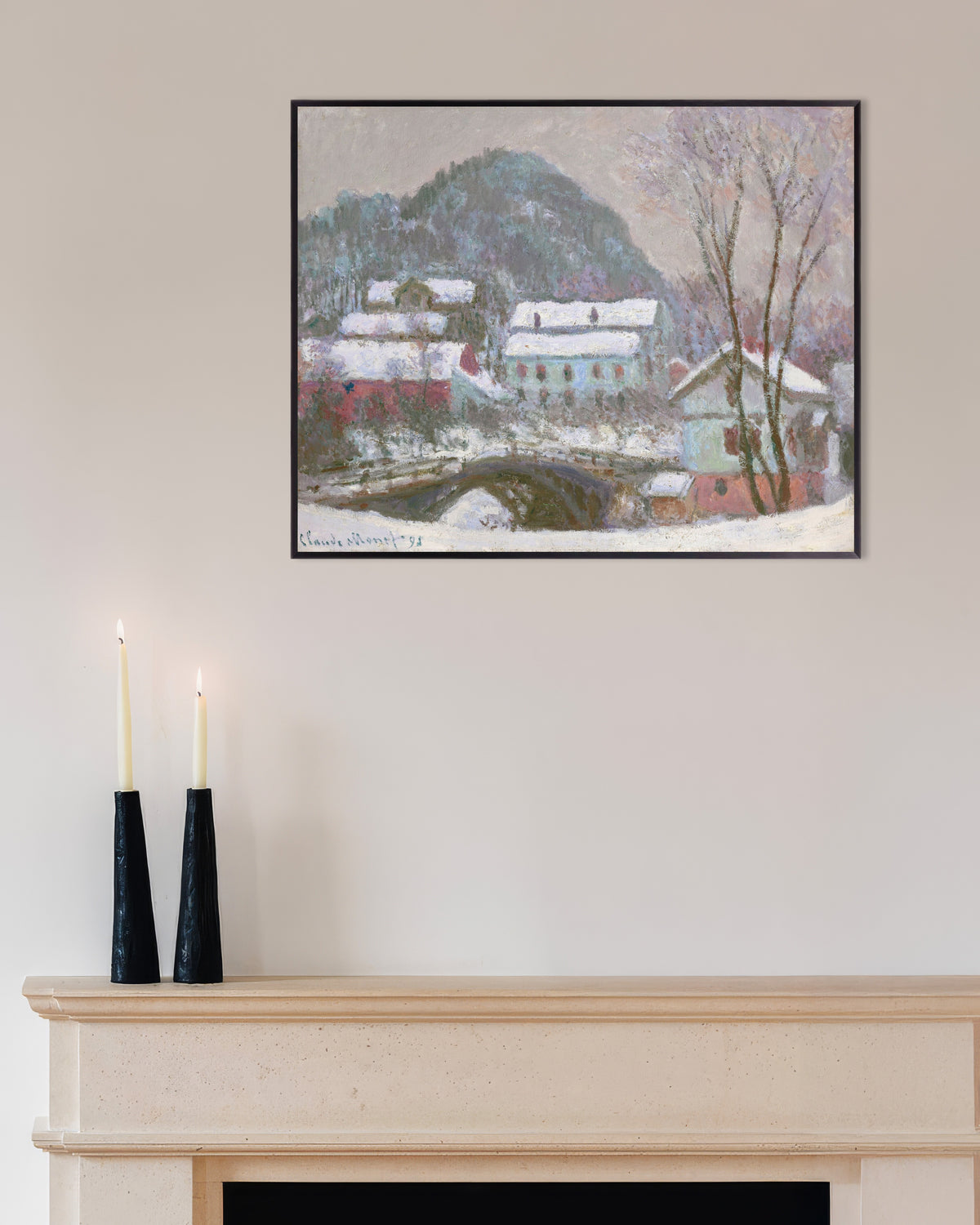 Plakat Sandvika, Norge, snøeffekt (1895) av Claude Monet med metallramme