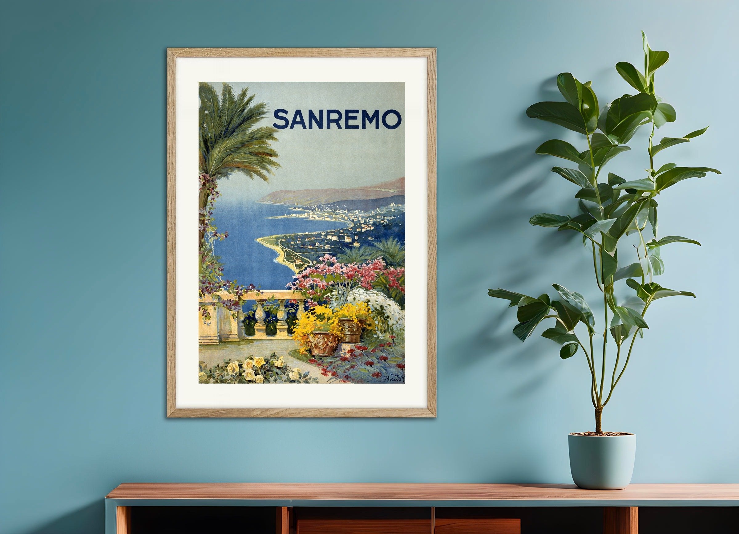 Poster of Sanremo Poster, Vintage, with natural wooden frame