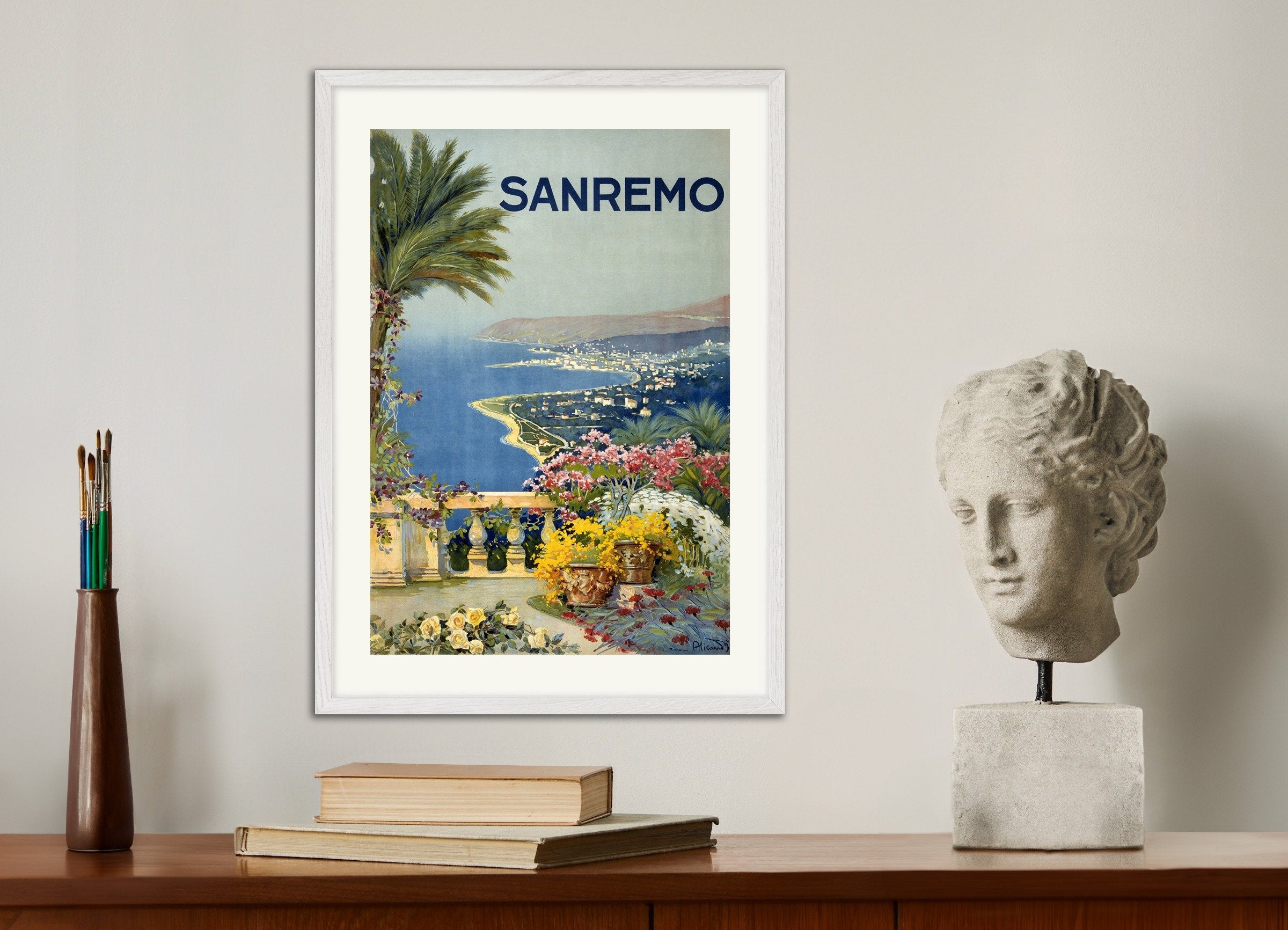 Poster of Sanremo Poster, Vintage, with white wooden frame