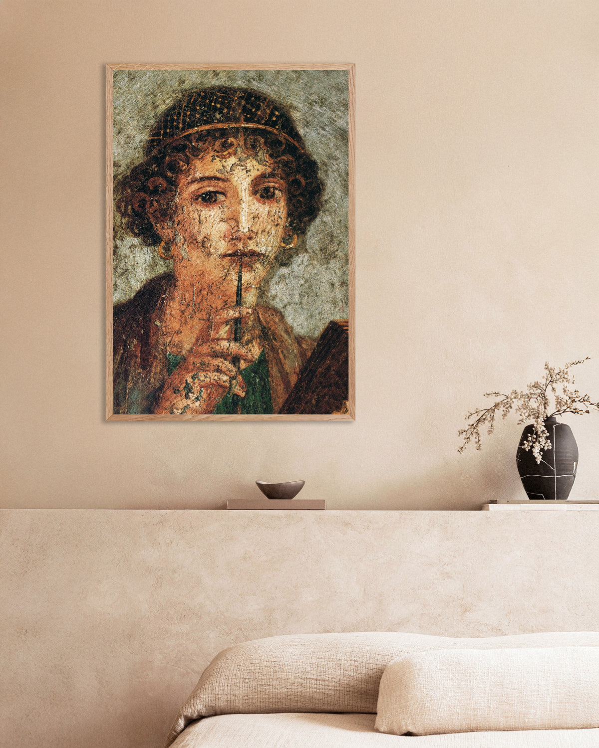Poster med detalj av Sappho-fresken fra Pompeii i naturfarget treramme
