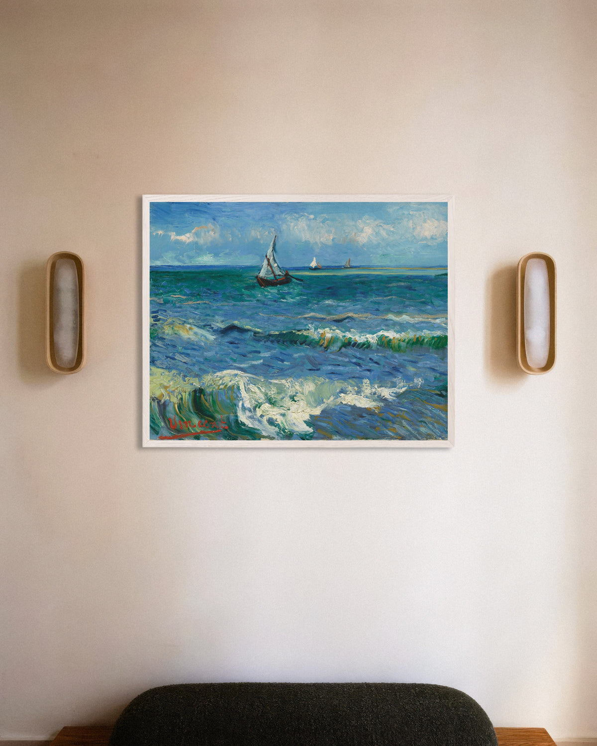 Poster of Seascape near Les Saintes-Maries-de-la-Mer (1888) by Vincent van Gogh, with white wooden frame