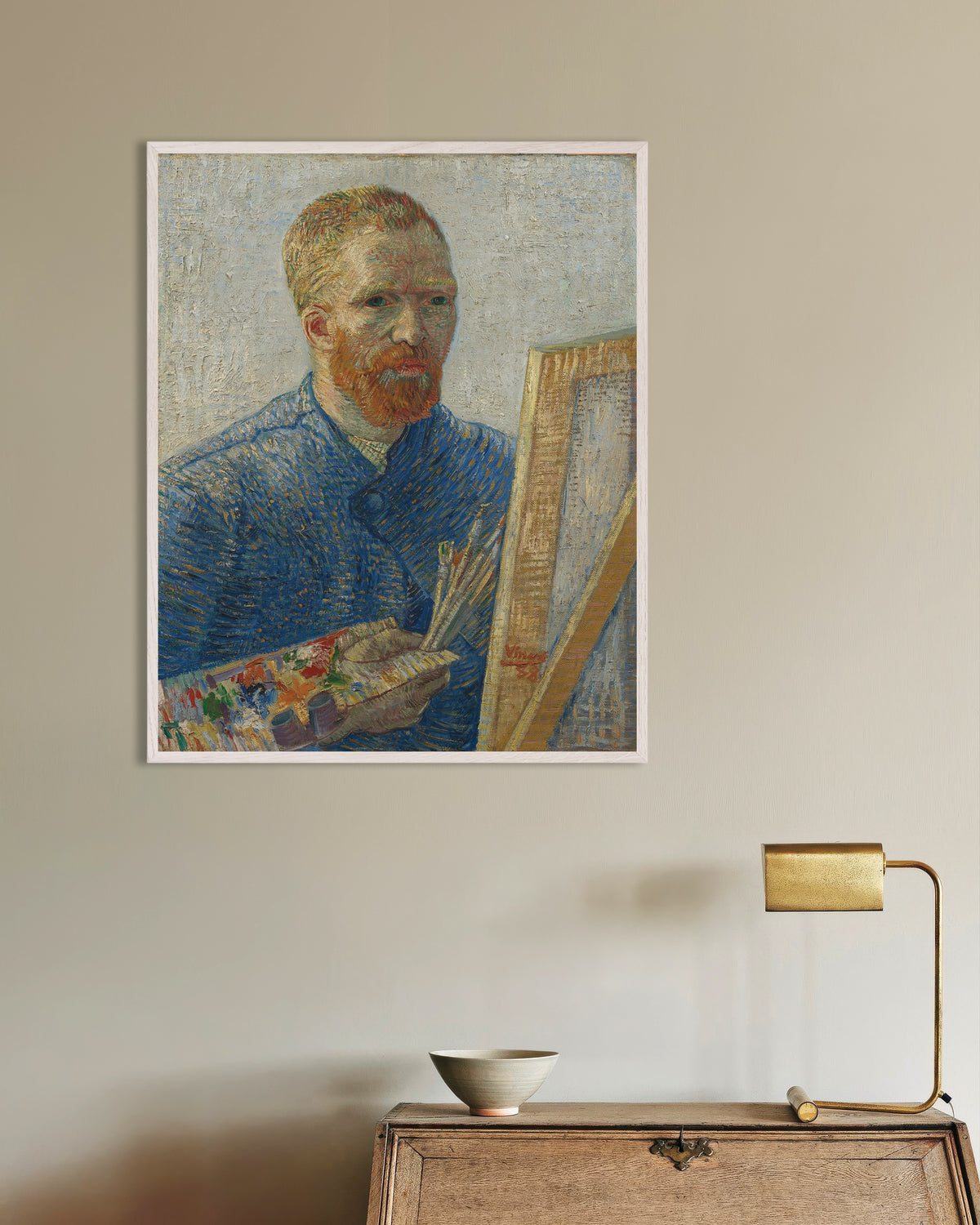 Poster of Self-Portrait as a Painter (1888) by Vincent van Gogh, with white wooden frame