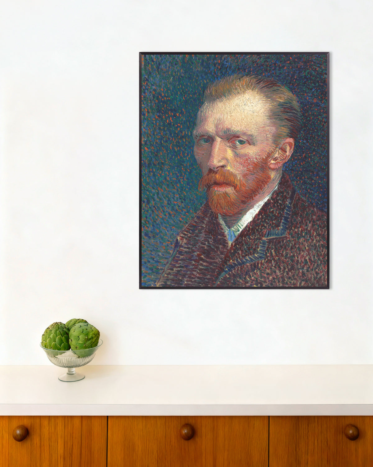 Poster av Selvportrett på blå bakgrunn med prikker (1887) av Vincent van Gogh, med metallramme