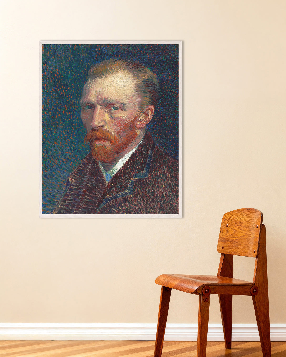 Poster av Selvportrett på blå bakgrunn med prikker (1887) av Vincent van Gogh, med hvit treramme