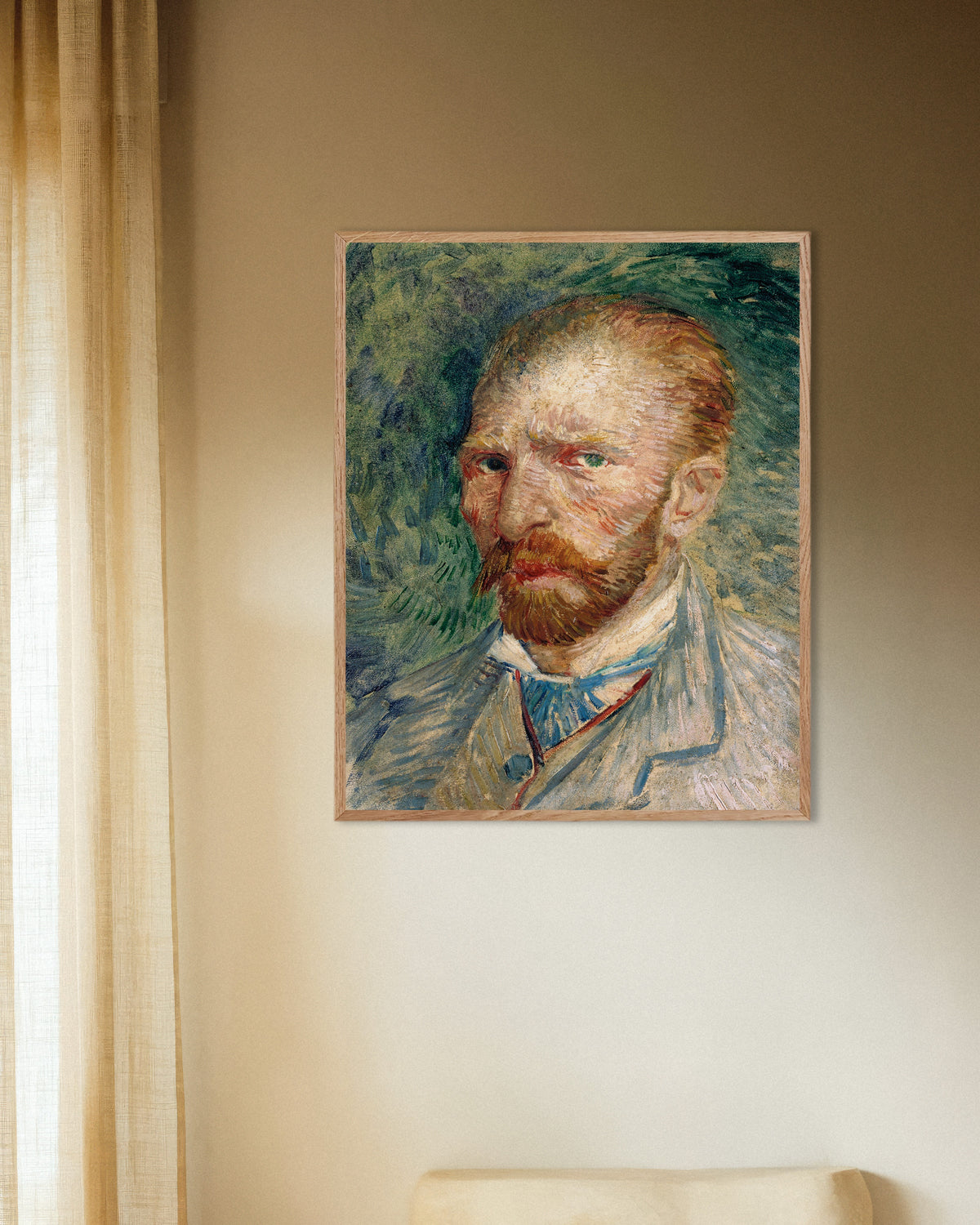 Poster of Self-Portrait on a Green Background (1886) by Vincent van Gogh, with natural wooden frame