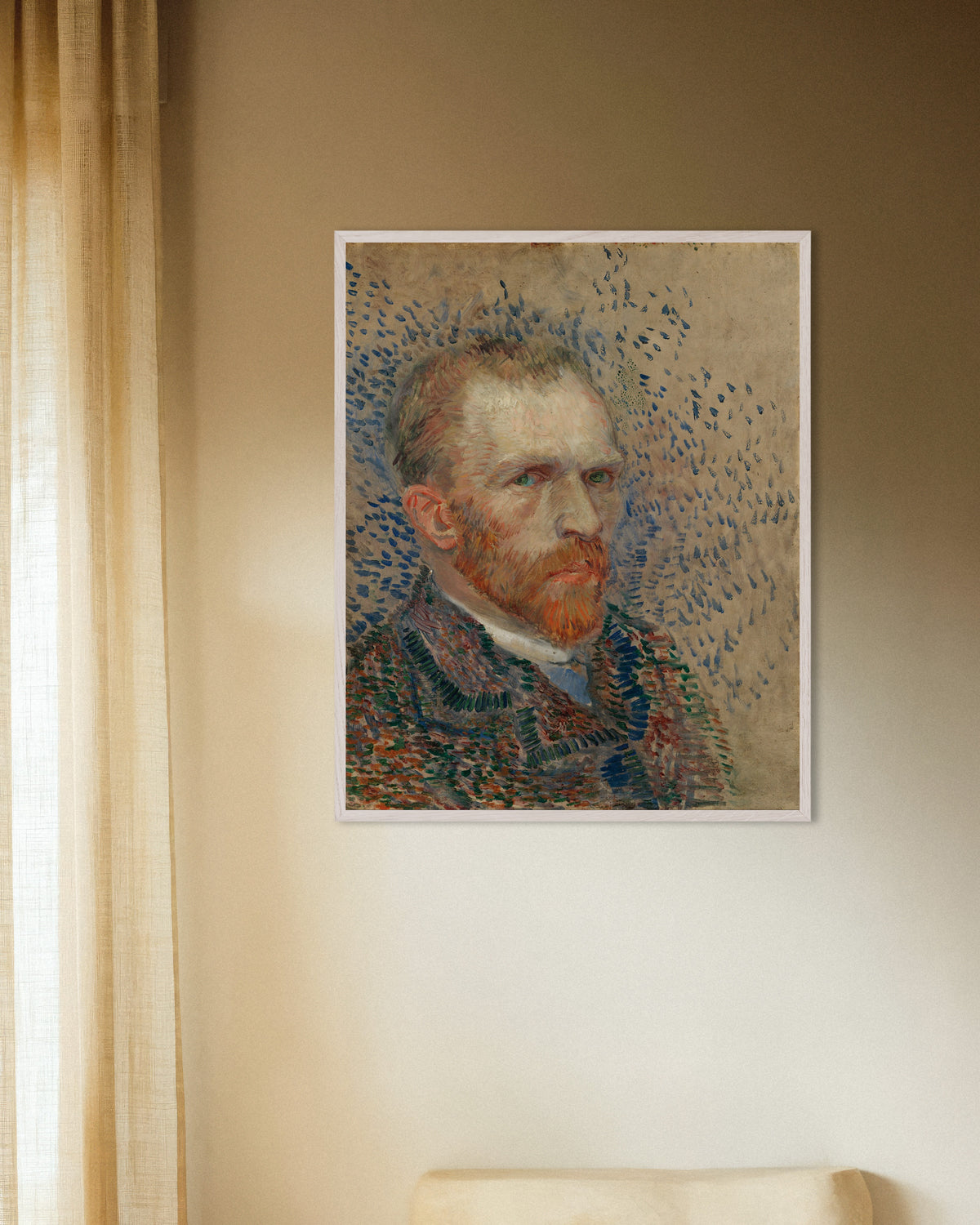 Poster of Self-Portrait with Blue Dashes (1887) by Vincent van Gogh, with white wooden frame