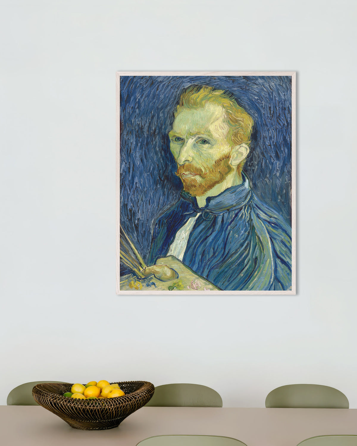 Poster of Self-Portrait with Palette (1889) by Vincent van Gogh, with white wooden frame