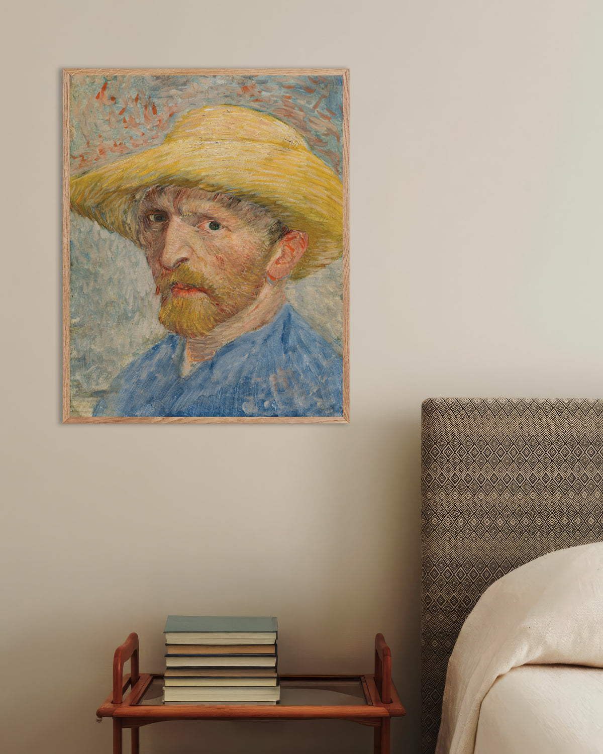 Poster of Self-Portrait with Straw Hat and Blue Smock (1887) by Vincent van Gogh, with natural wooden frame