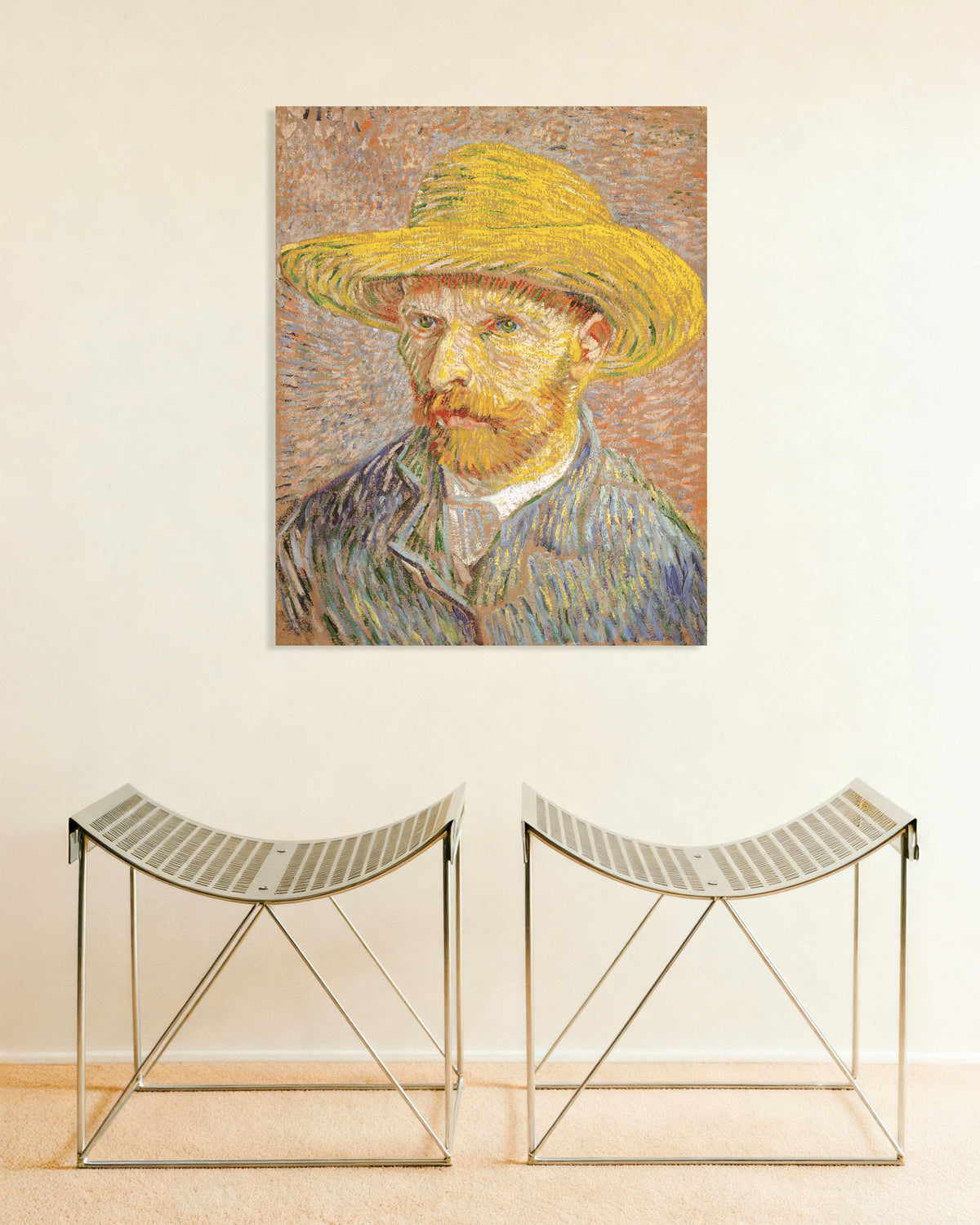 Poster av Selvportrett med stråhatt mot oransje bakgrunn (1887) av Vincent van Gogh