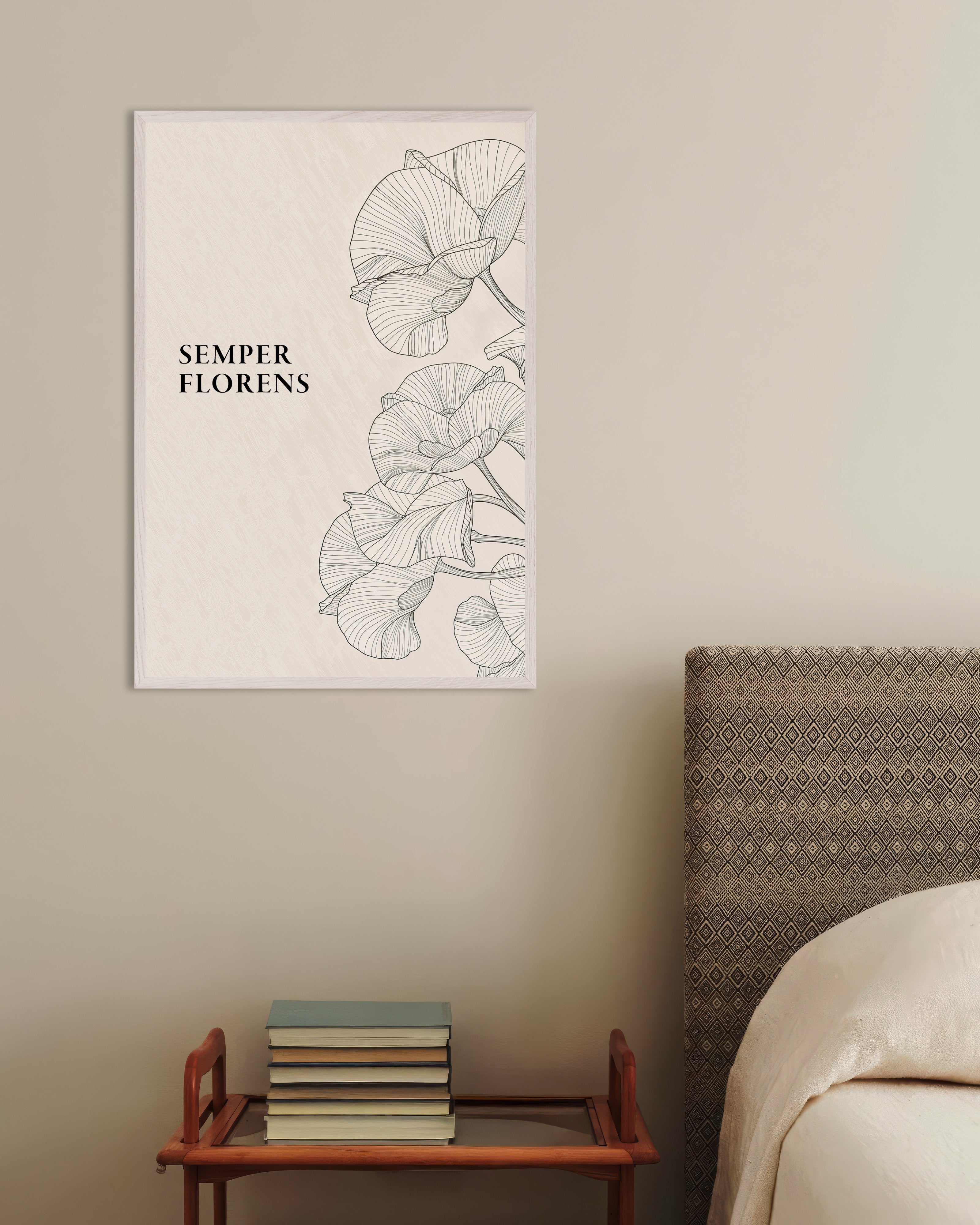 Poster of Semper Florens Botanical Line Art Poster, with white wooden frame