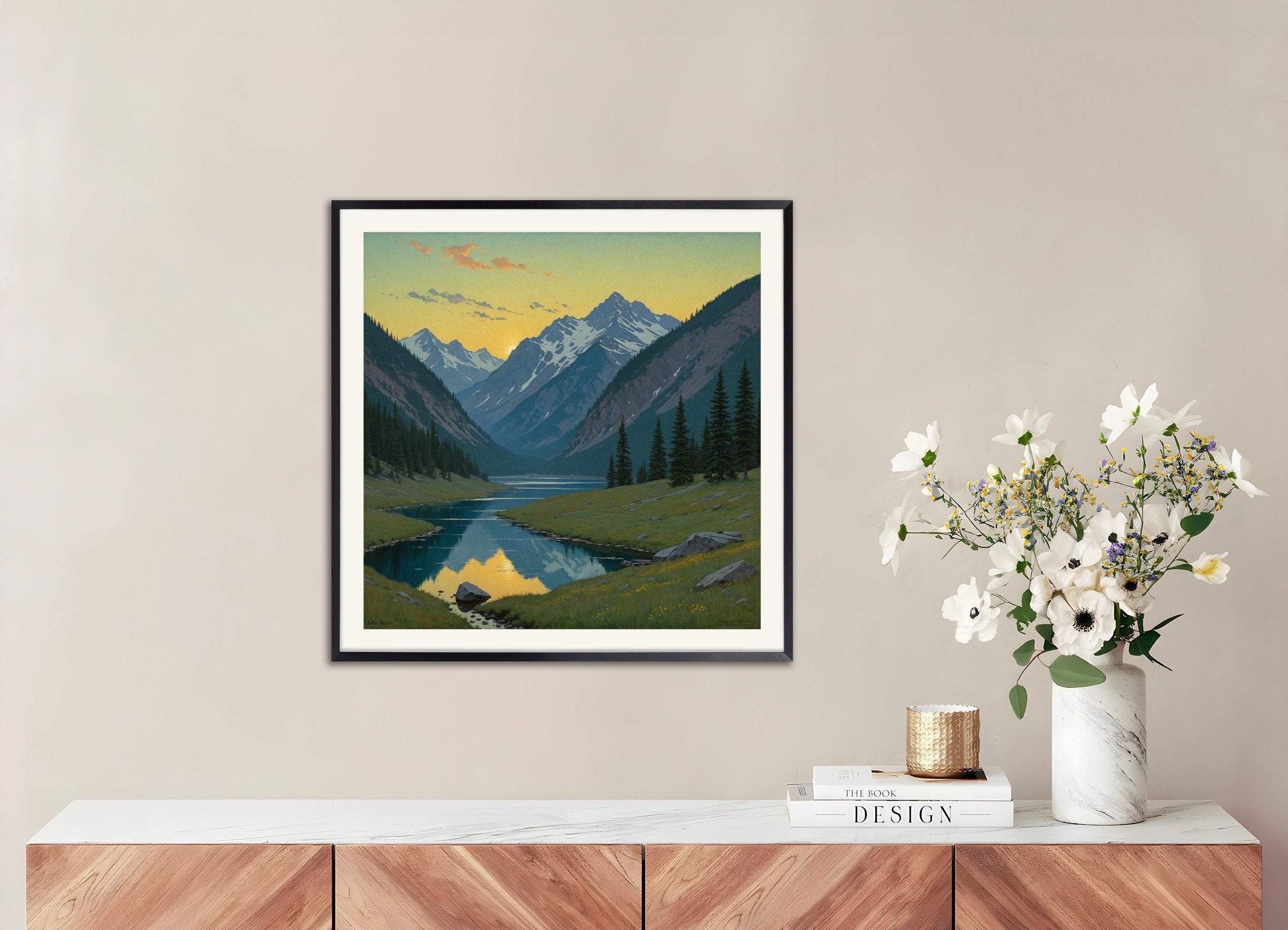 Poster of Serenity, soft light, atmospheric realism, with metal frame