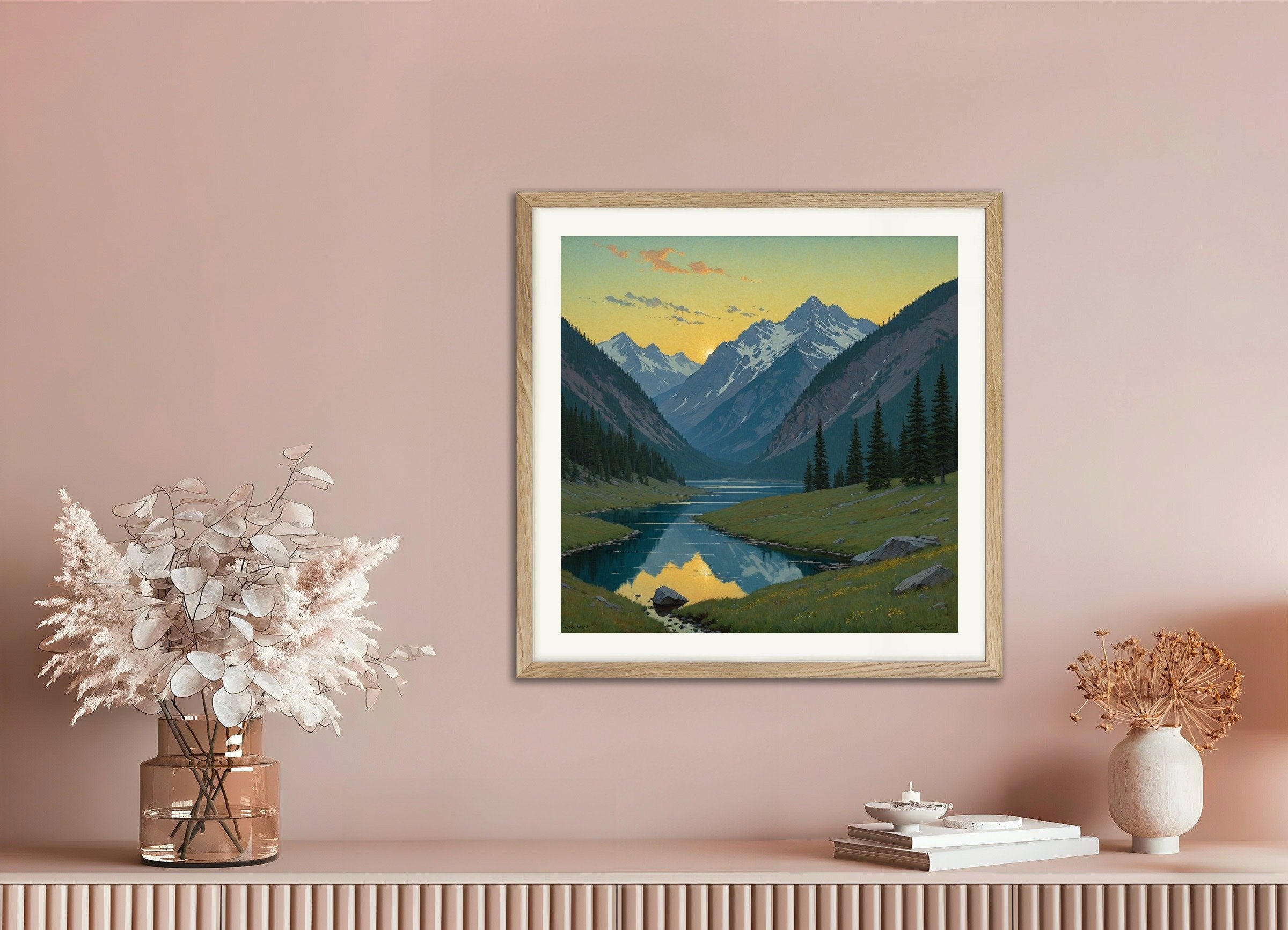 Poster of Serenity, soft light, atmospheric realism, with natural wooden frame