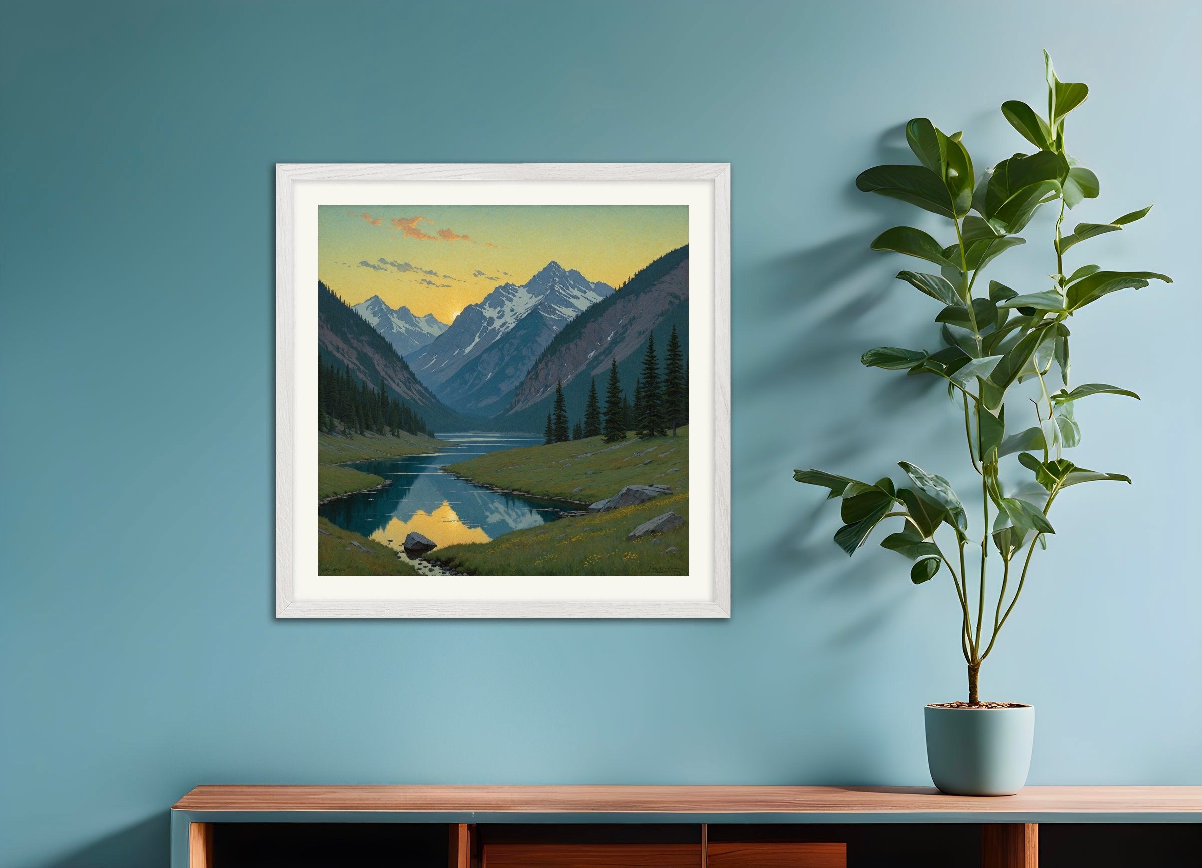 Poster of Serenity, soft light, atmospheric realism, with white wooden frame