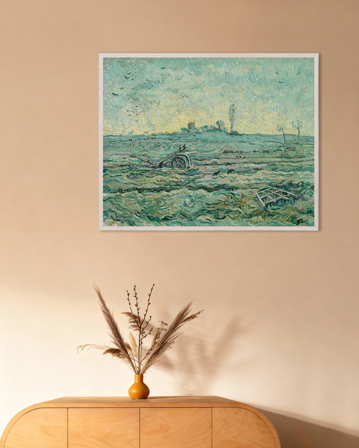 Poster av Snødekt åker med en harv, etter Millet (1890) av Vincent van Gogh, med hvit treramme