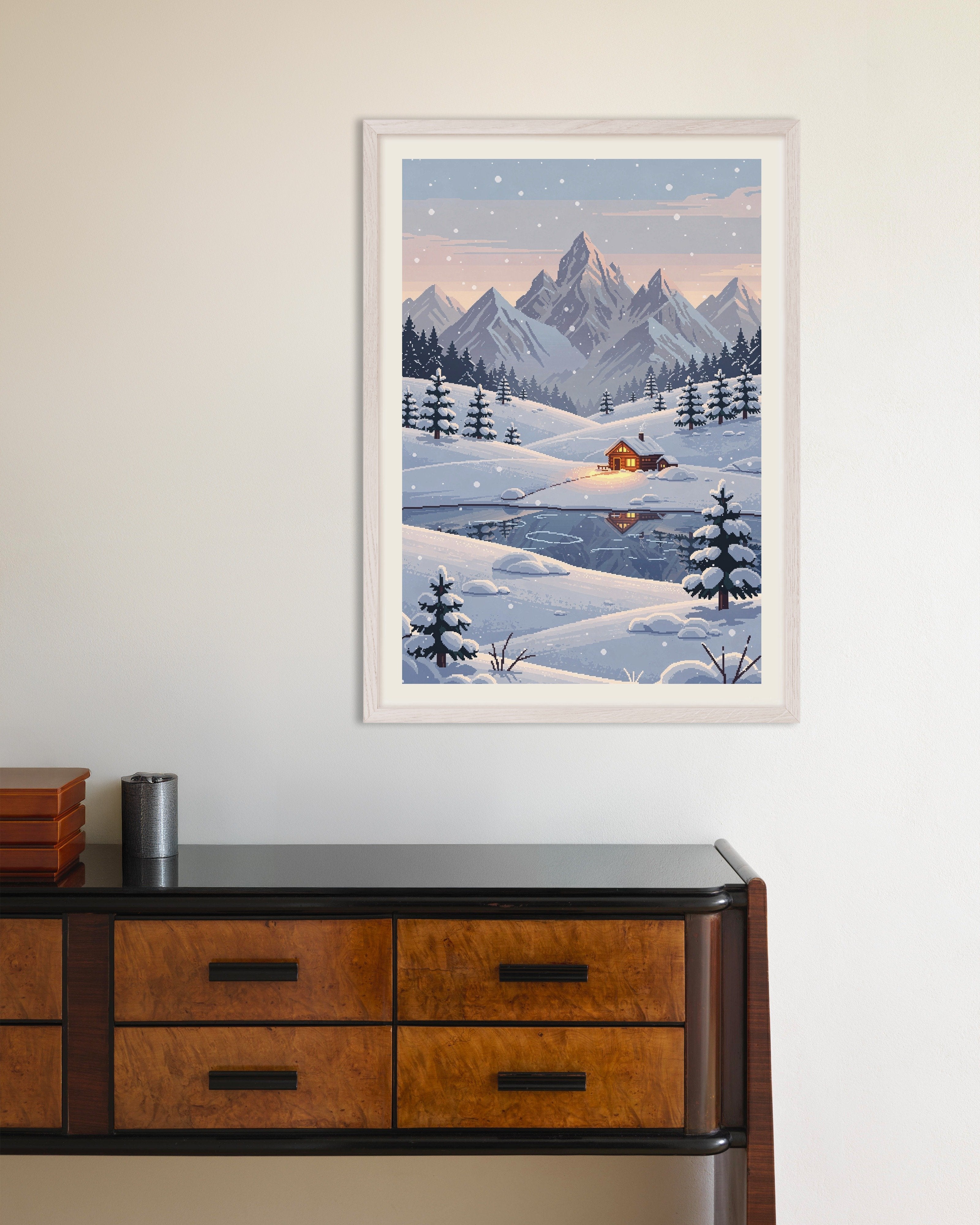 Poster of Snowy Mountain Cabin - Pixel Art Poster, with white wooden frame