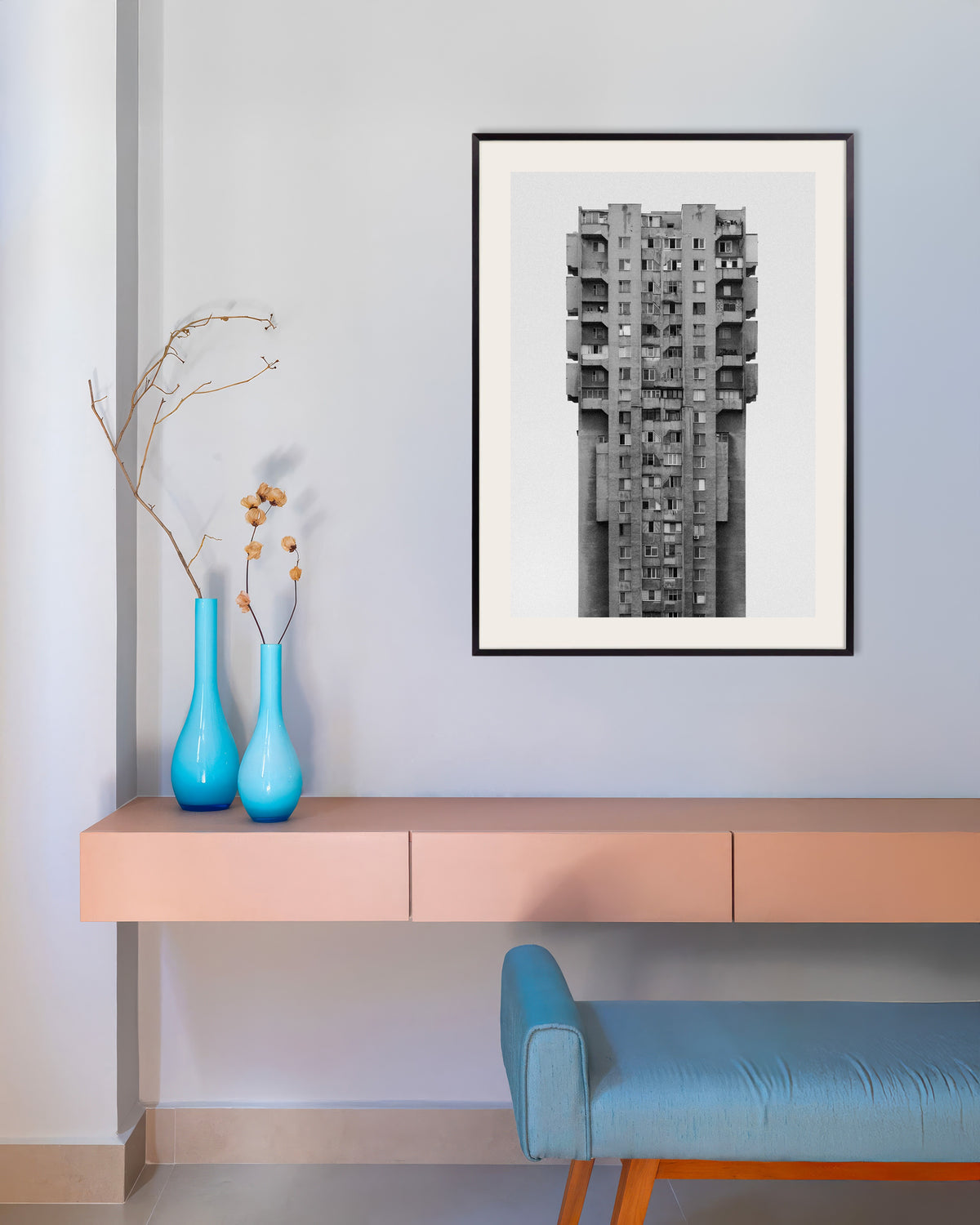 Poster of Solitary Concrete Skyscraper, with metal frame