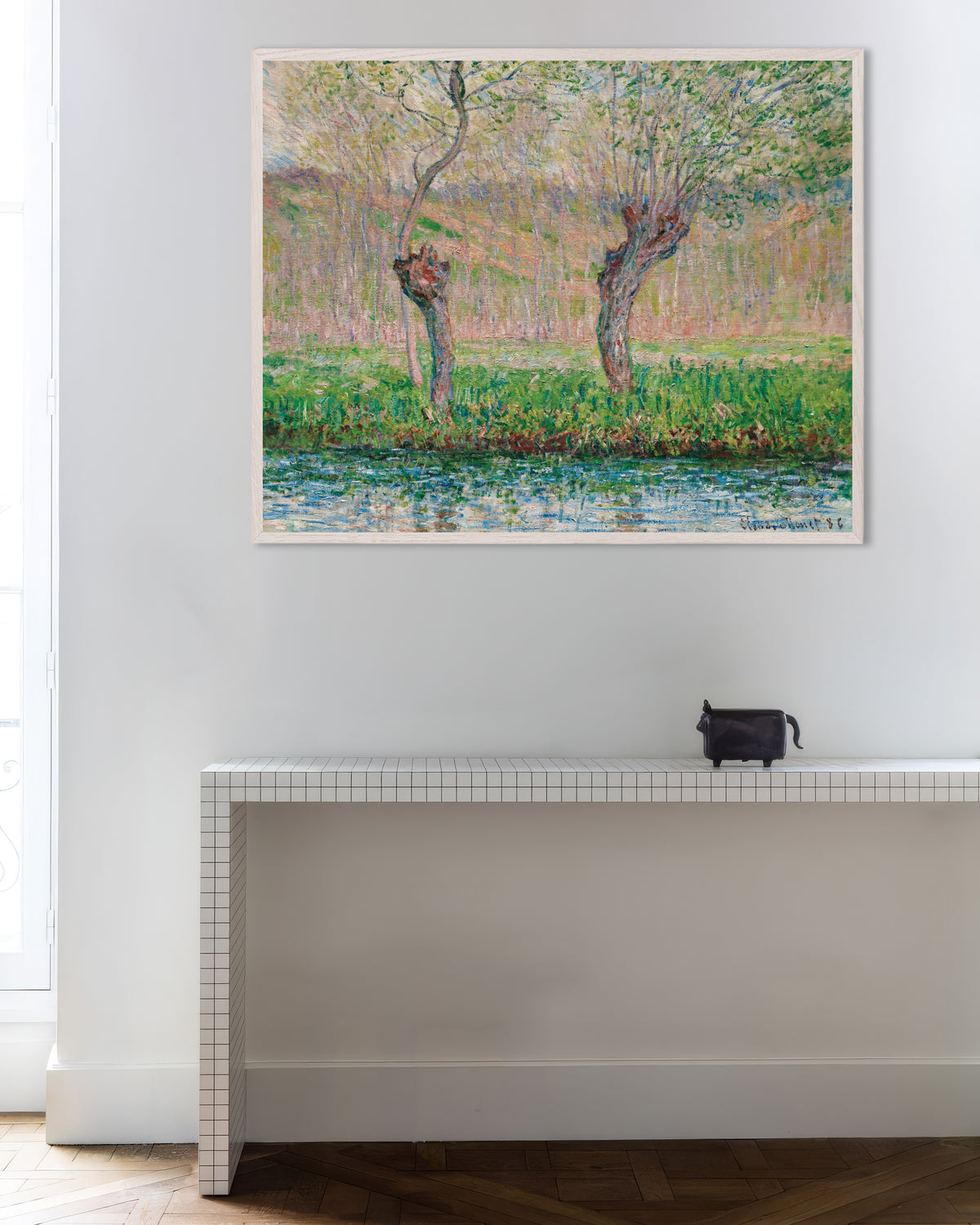 Poster of Spring, Willows (1885) by Claude Monet, with white wooden frame