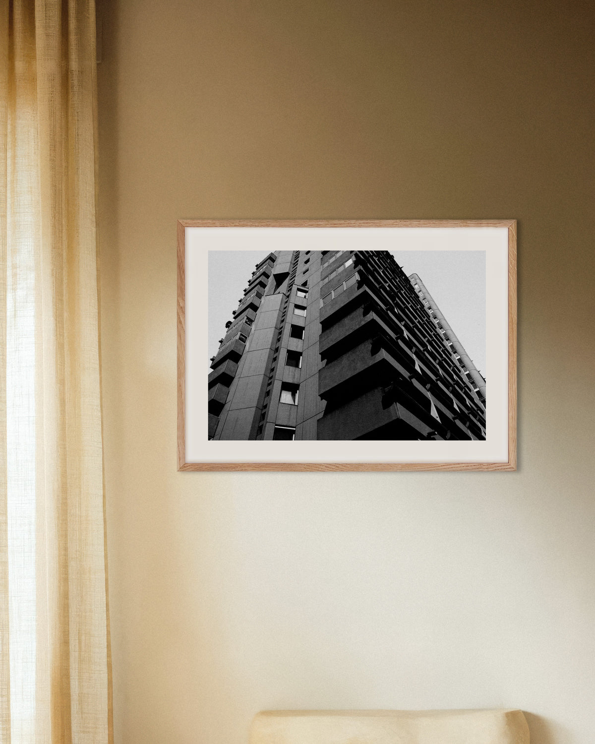 Poster of Stacked Concrete Balconies From Below, with natural wooden frame