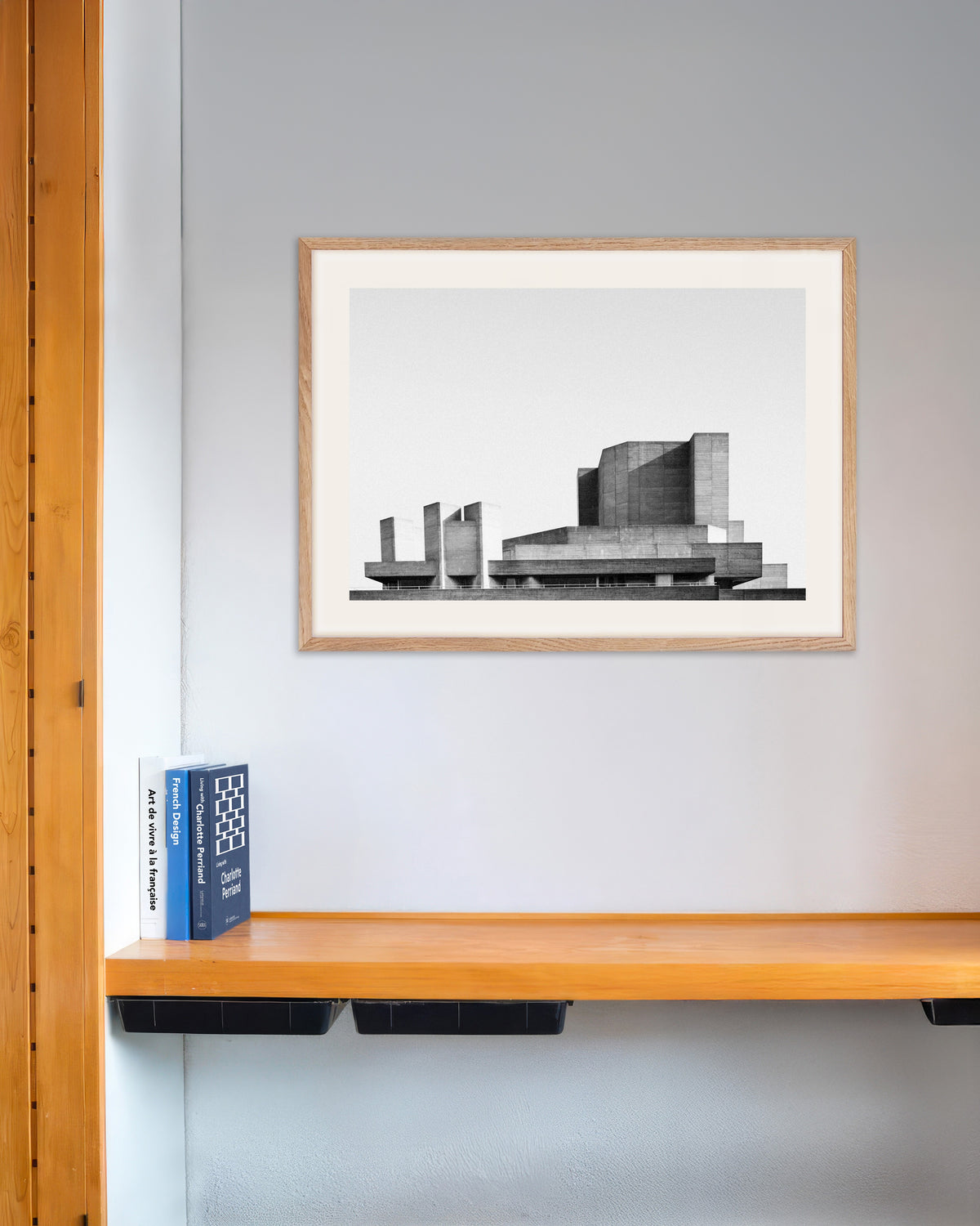 Poster of Stacked Terraces of a Concrete Theater, with natural wooden frame