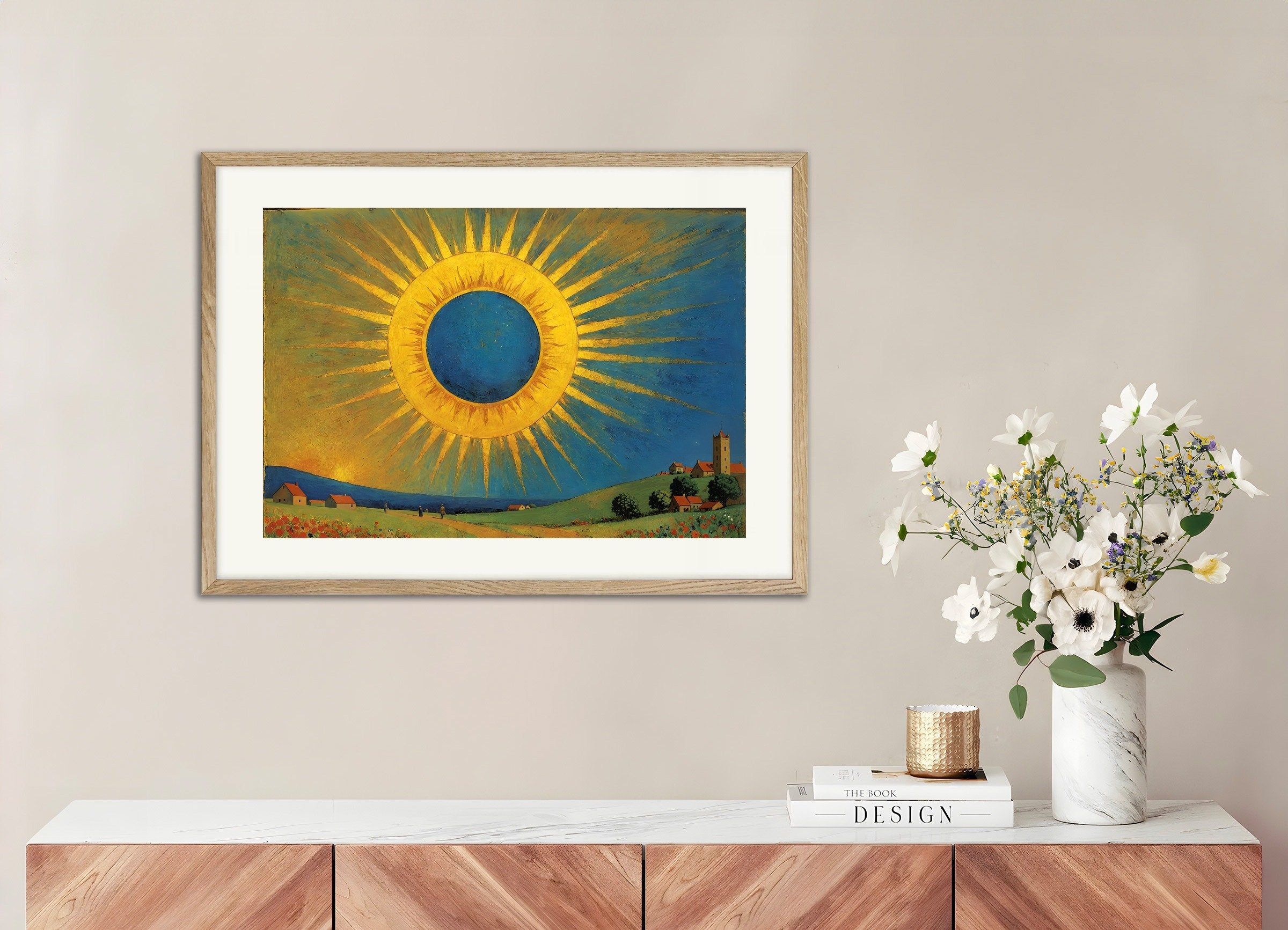 Poster of Sun, with natural wooden frame