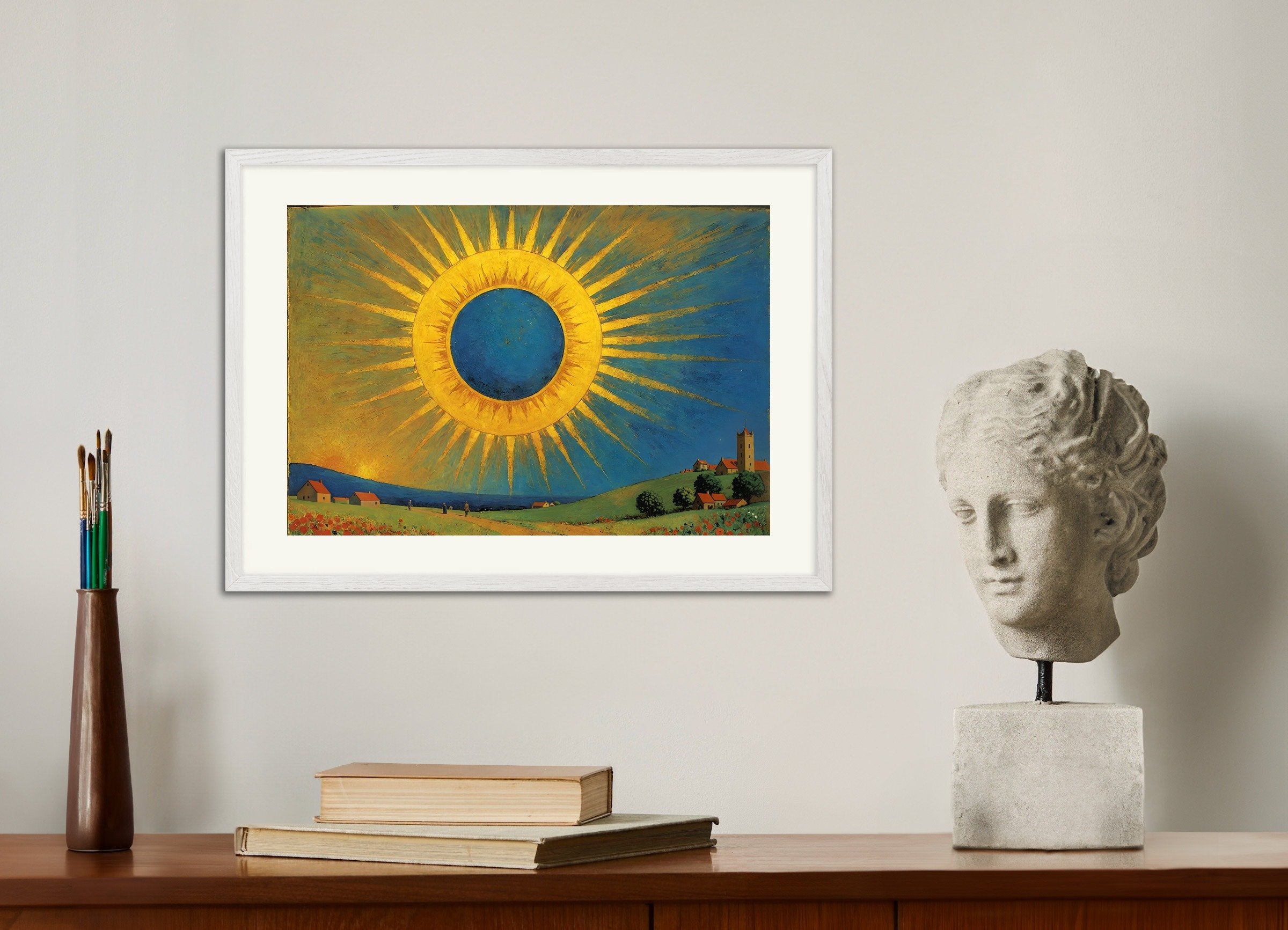 Poster of Sun, with white wooden frame