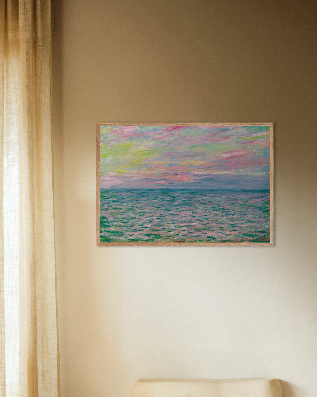 Poster of Sunset at Pourville, Open Sea (1882) by Claude Monet, with natural wooden frame