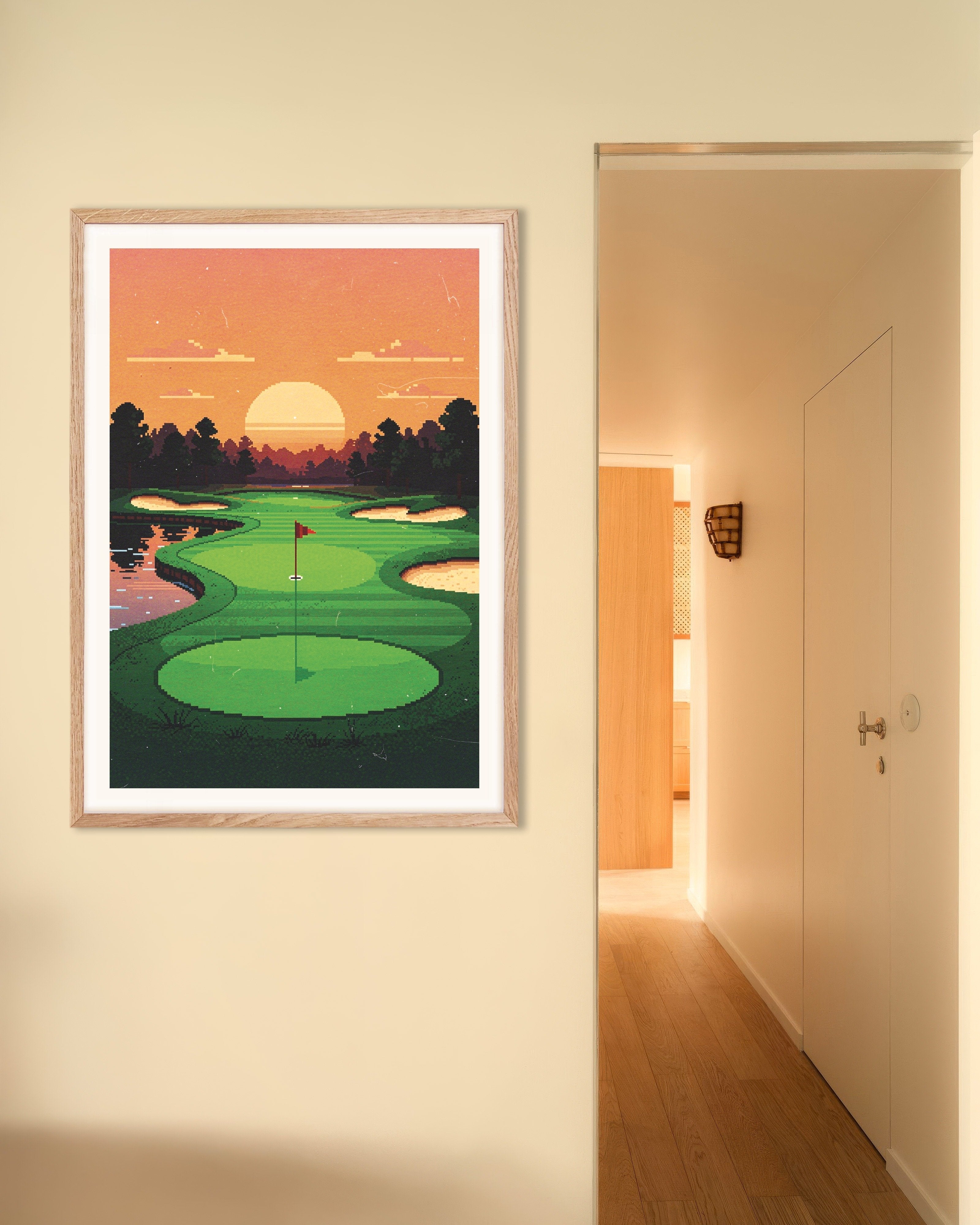Poster of Sunset Fairway - Pixel Art Golf Poster, with natural wooden frame