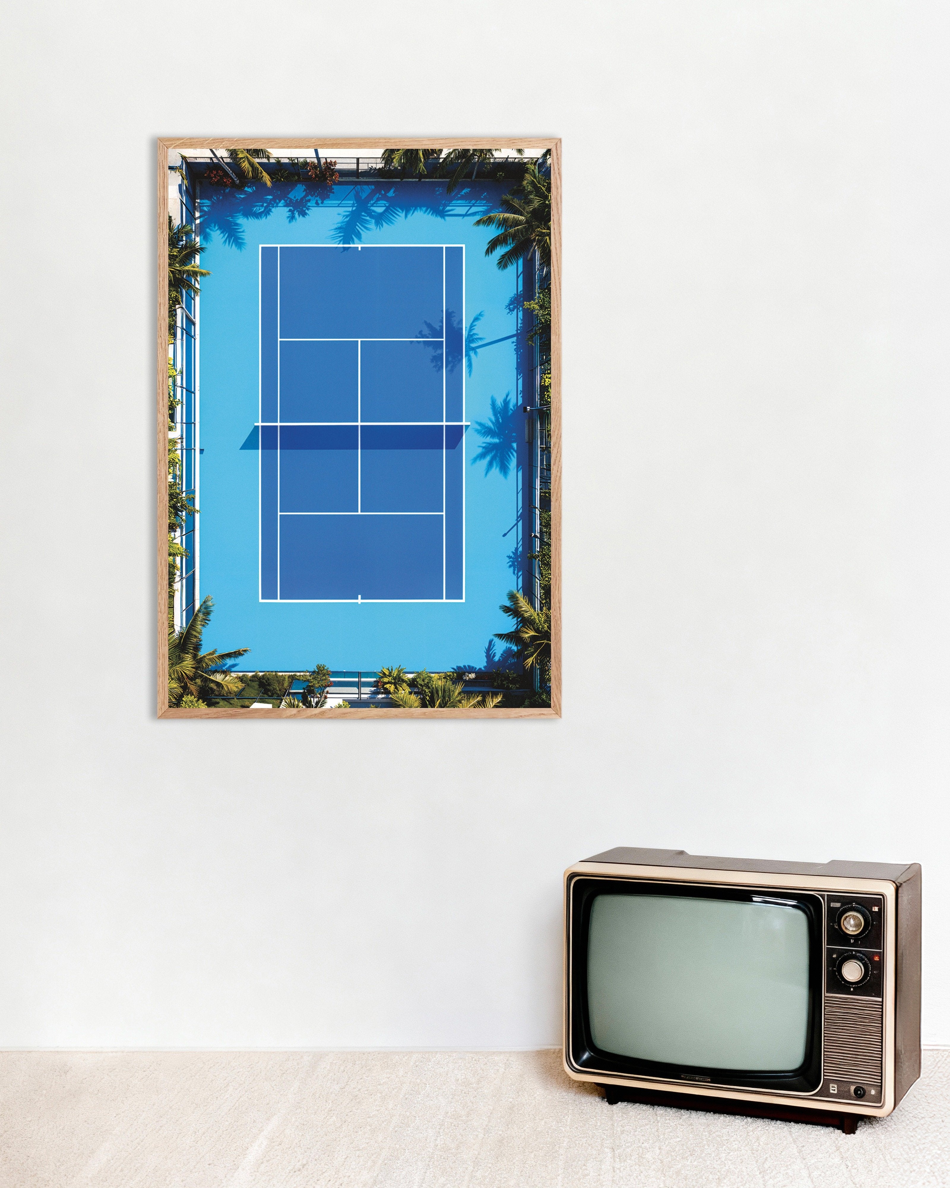 Poster of Tennis court aerial poster – Modern sports photography print, with natural wooden frame