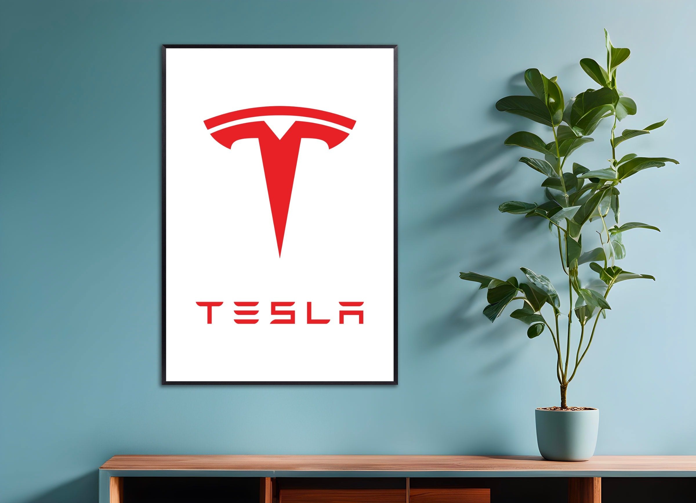 Poster of Tesla logo, with metal frame