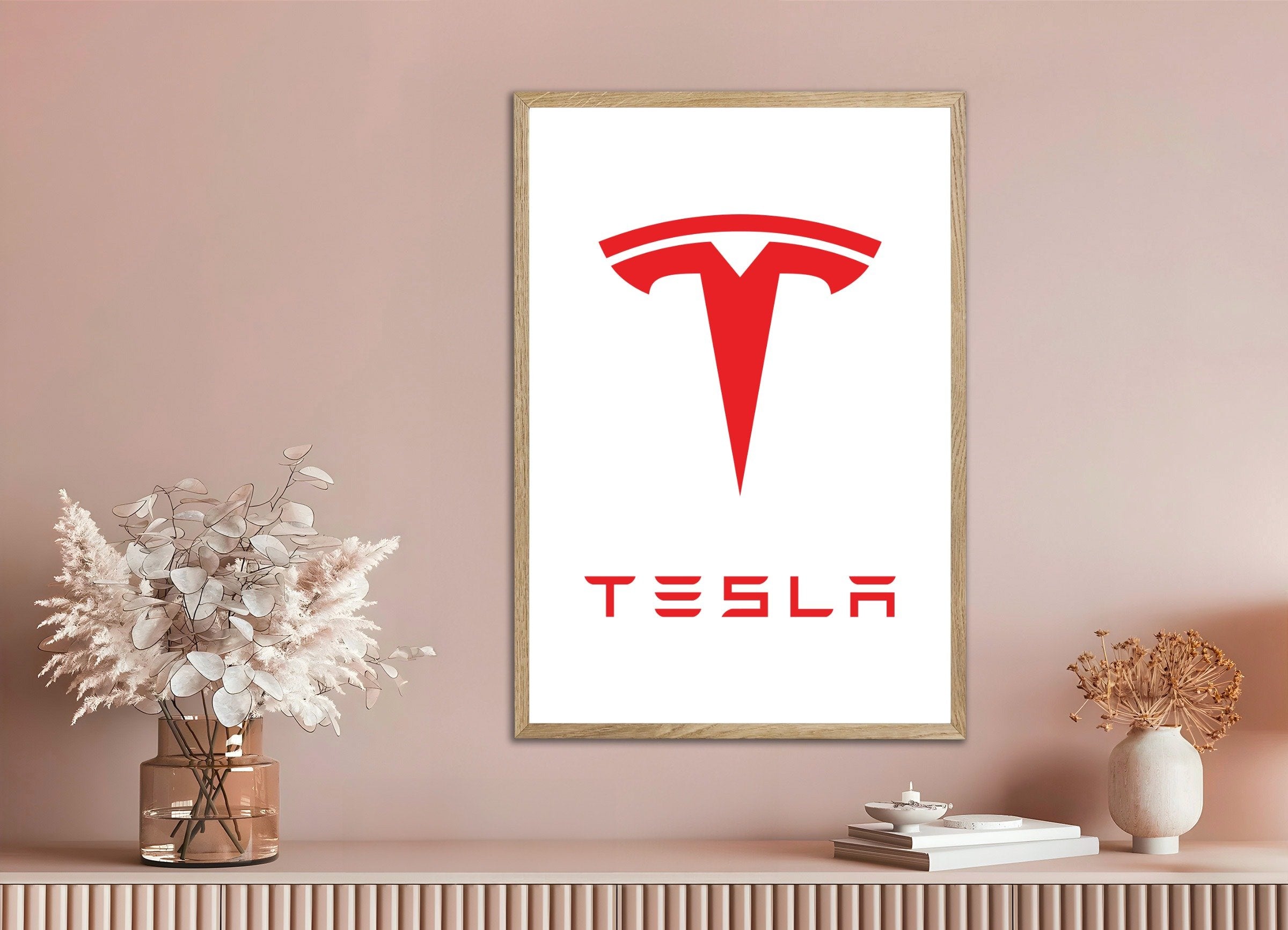 Poster of Tesla logo, with natural wooden frame