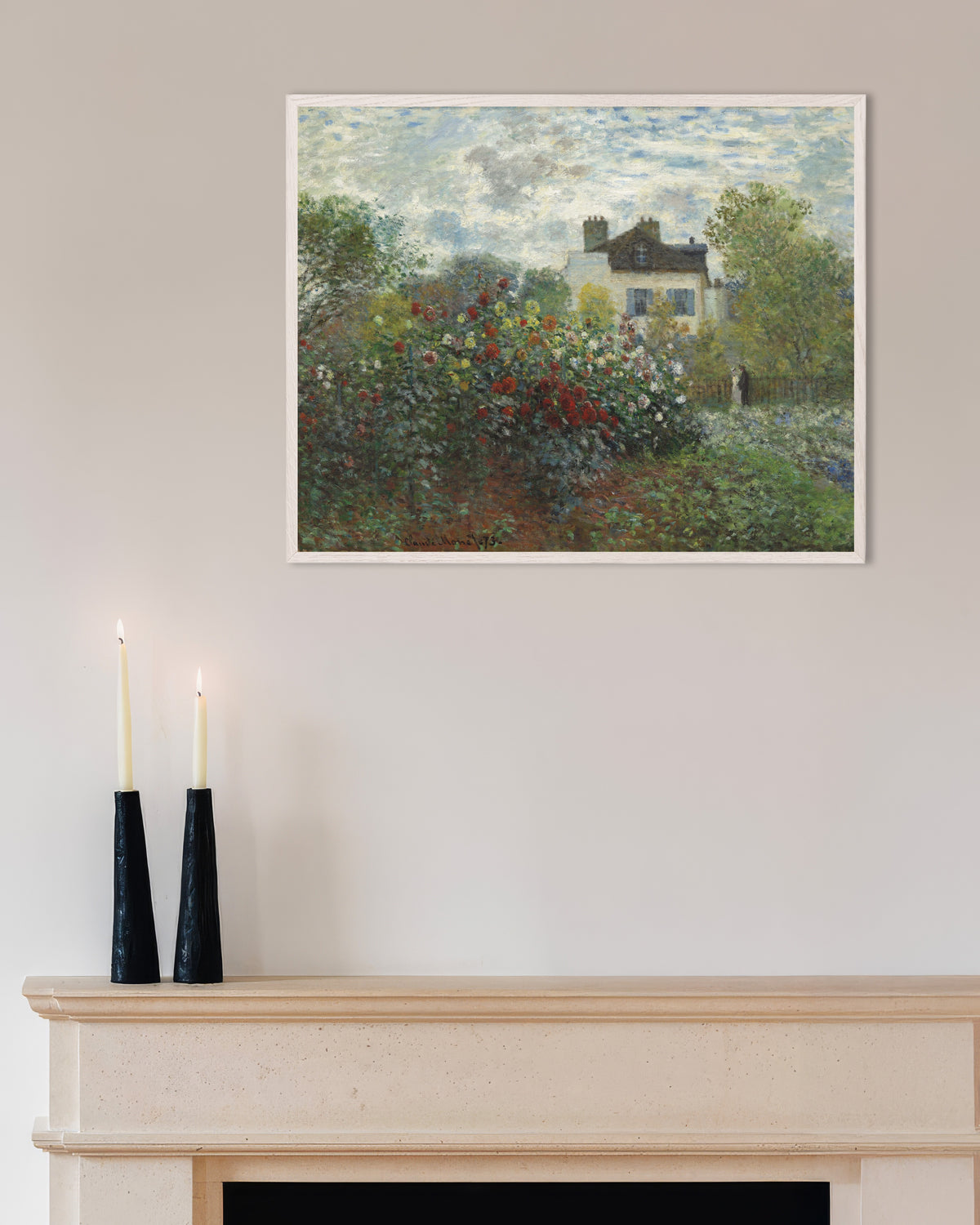 Poster of The Artist's Garden in Argenteuil, a Corner with Dahlias (1873) by Claude Monet, with white wooden frame