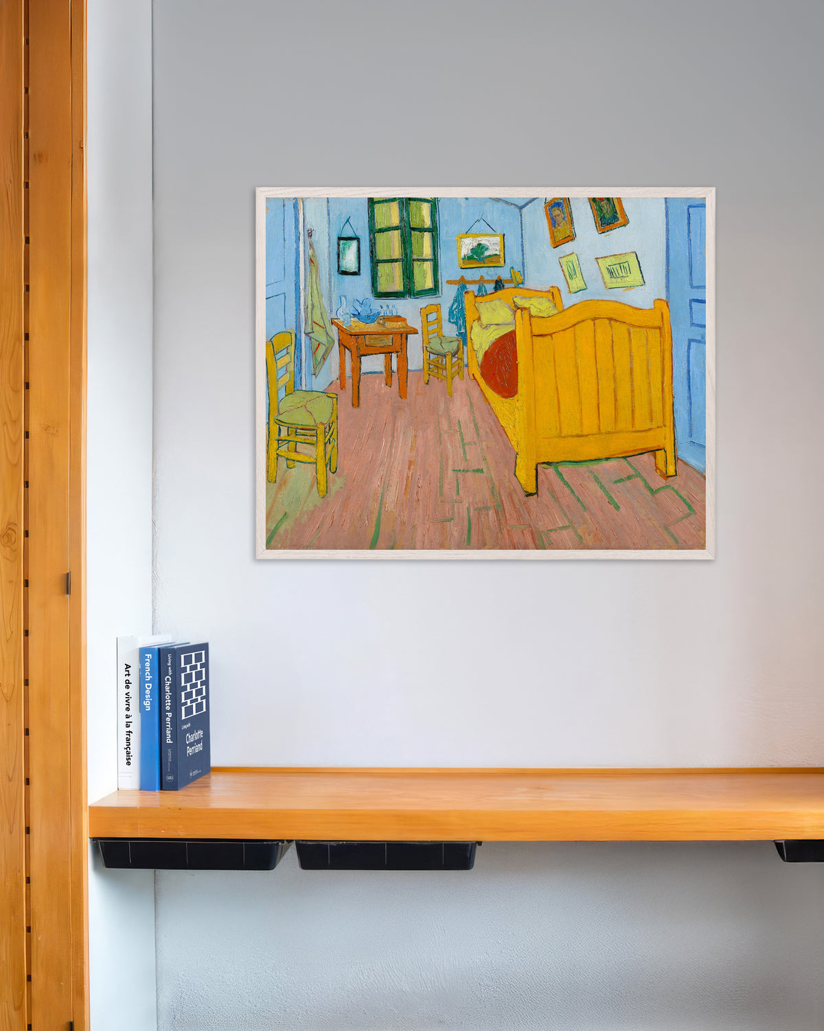 Poster av Soverommet (1888) av Vincent van Gogh, med hvit treramme