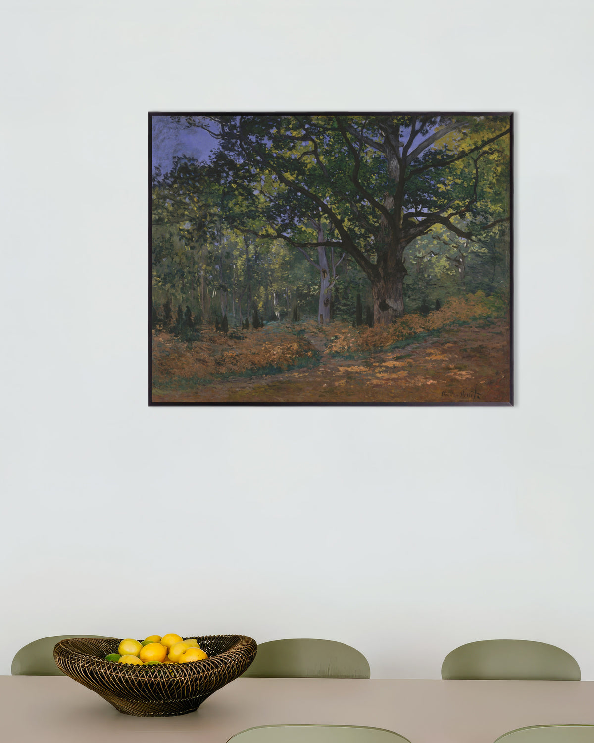Plakat Bodmer-eiken, Fontainebleau-skogen (1865) av Claude Monet med metallramme
