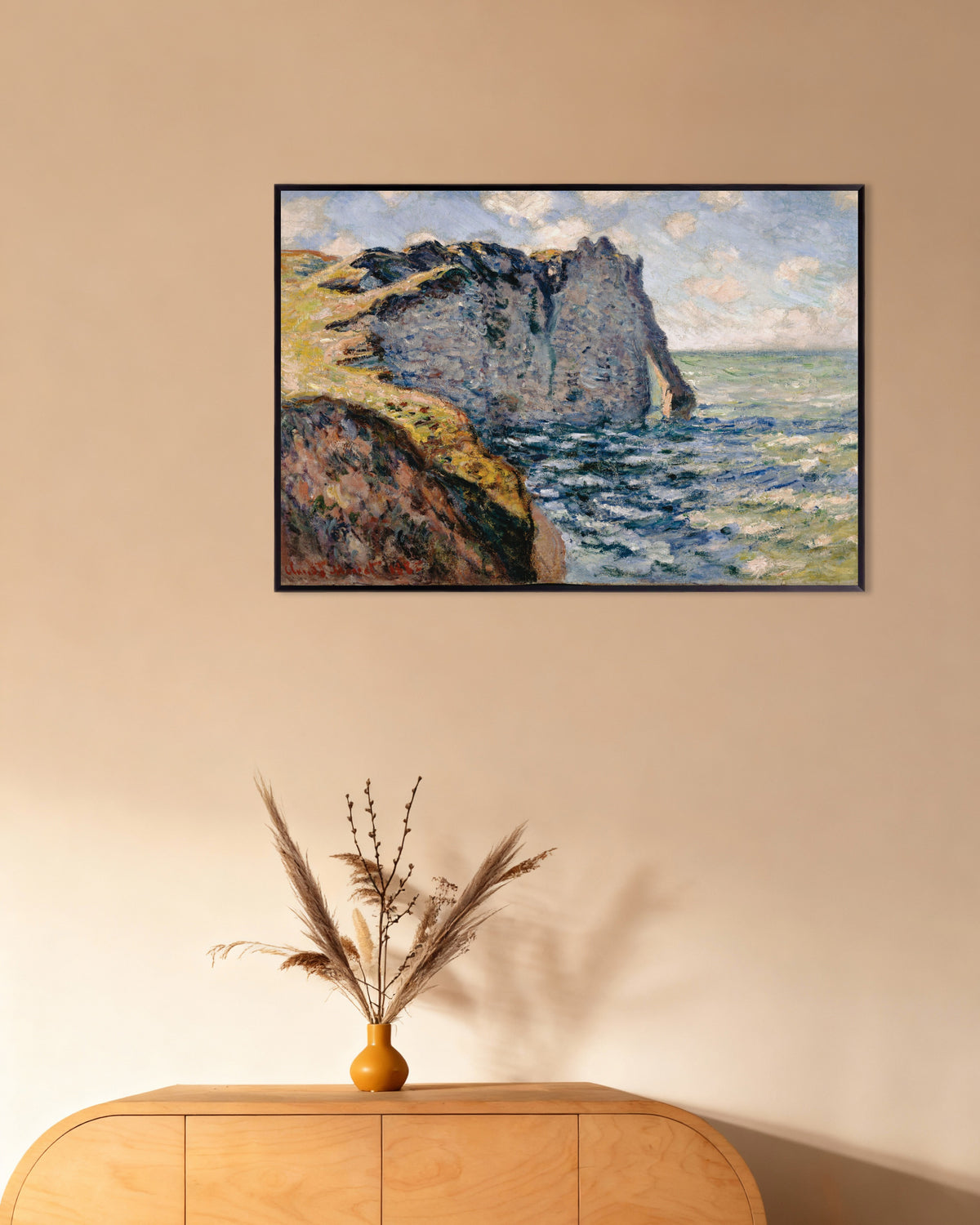 Plakat Falaise d'Aval, Étretat (1885) av Claude Monet med metallramme