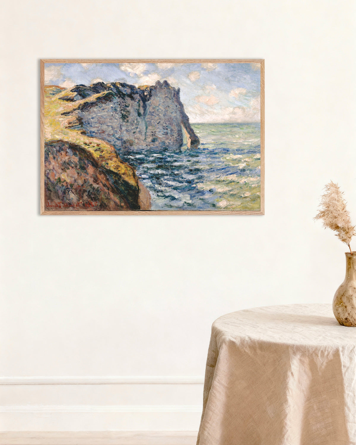 Plakat Falaise d'Aval, Étretat (1885) av Claude Monet med ramme i naturtre