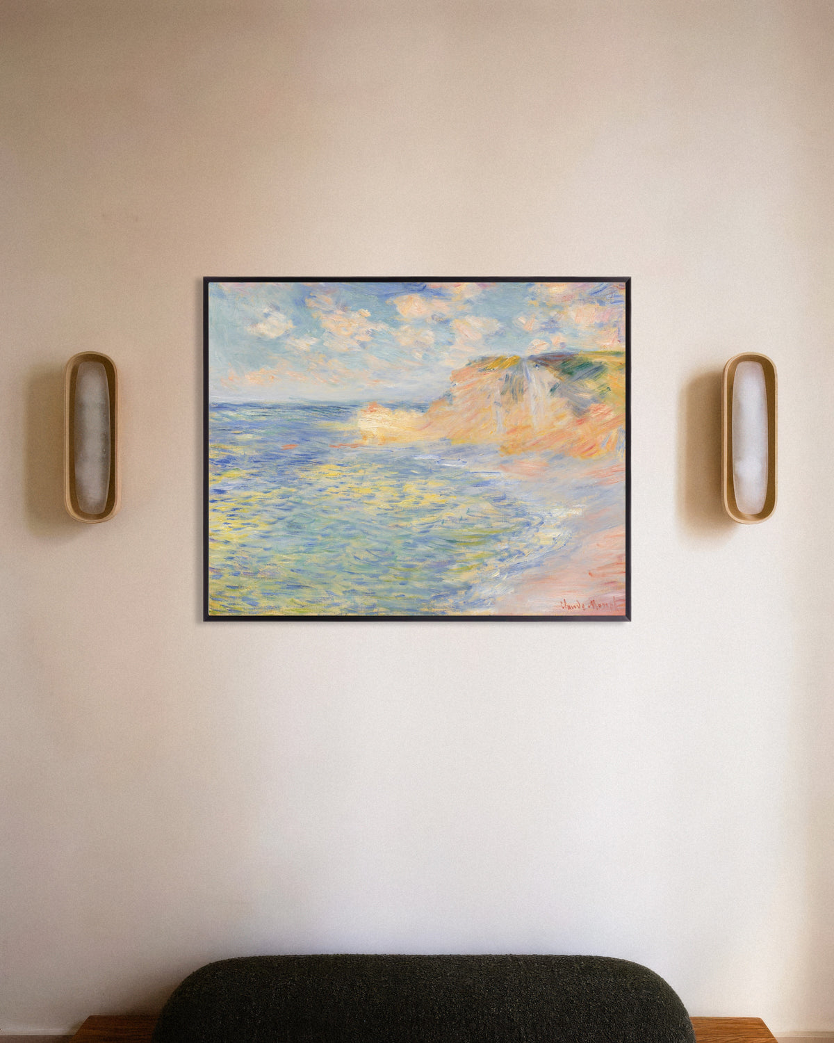 Plakat Falaise d'Amont, Étretat (1885) av Claude Monet med metallramme