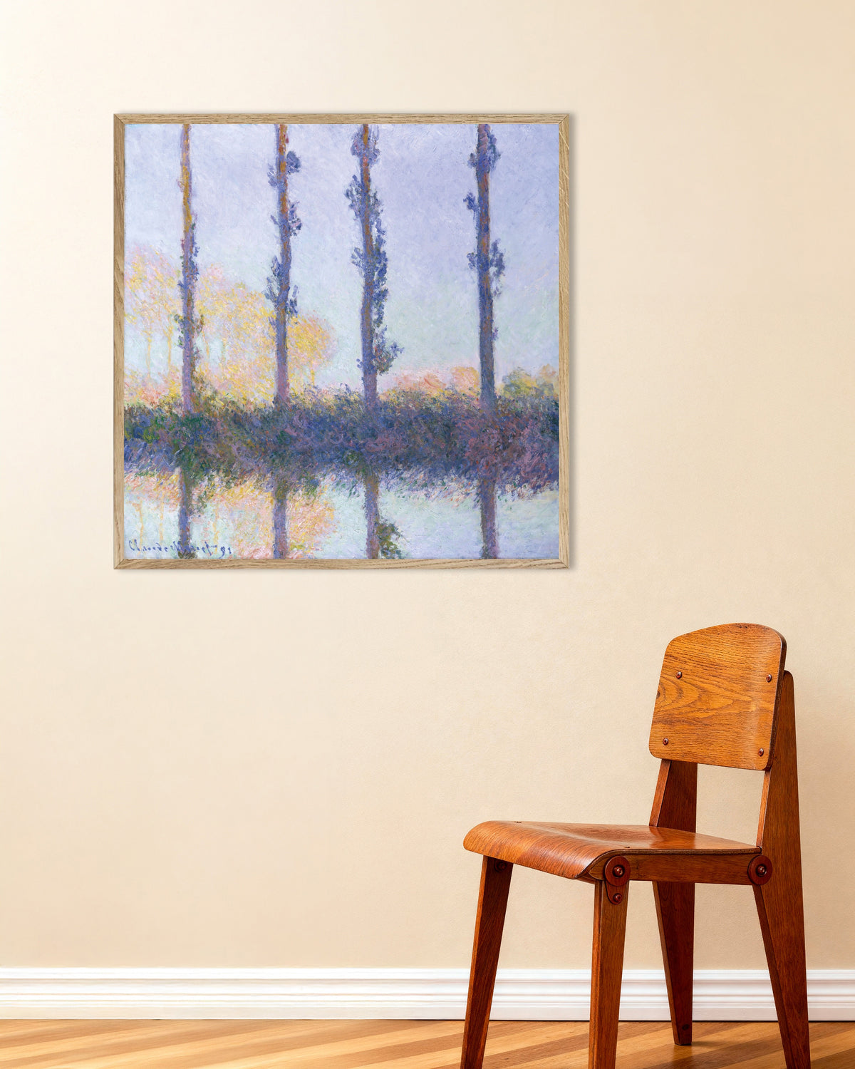Plakat De fire trærne (1891) av Claude Monet med ramme i naturtre