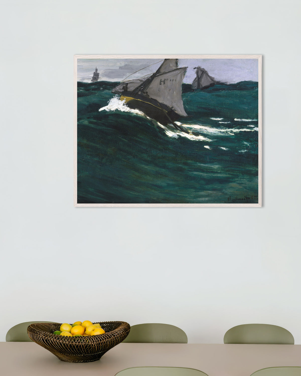 Poster of The Green Wave (c. 1866–1867) by Claude Monet, with white wooden frame