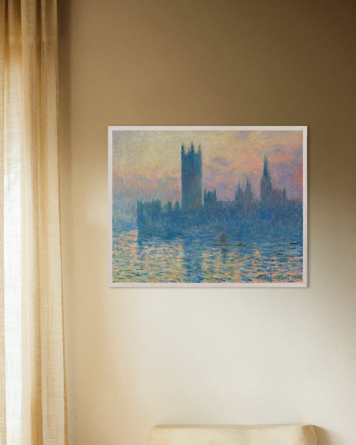 Plakat Parlamentet i solnedgang (1903) av Claude Monet med hvit treramme
