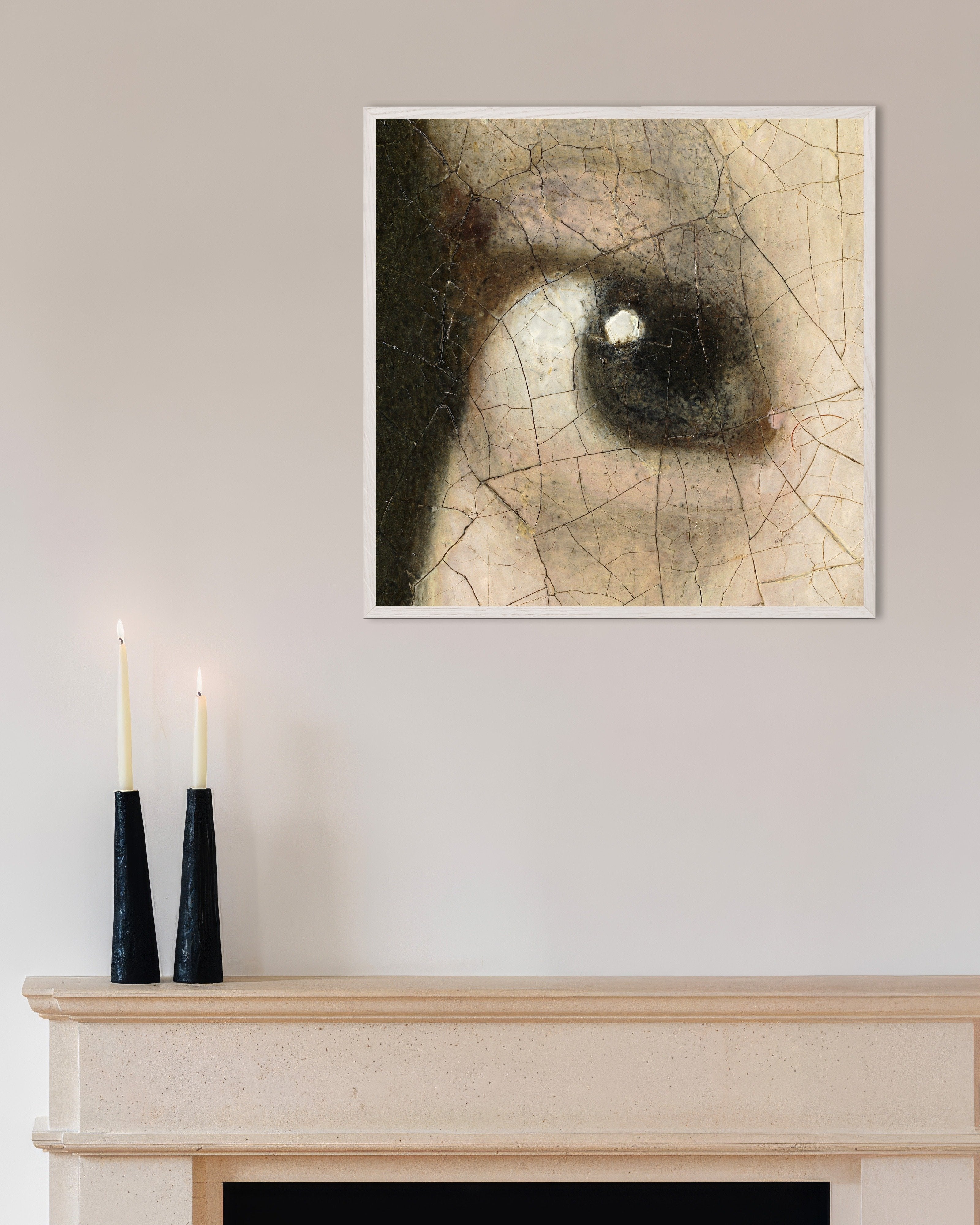 Poster of The Iris - Detail from Vermeer’s Girl with a Pearl Earring, with white wooden frame