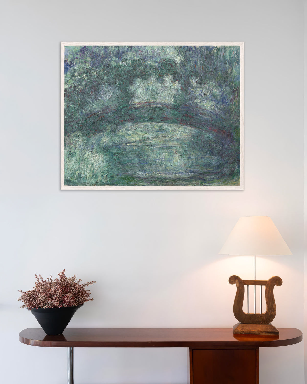 Poster of The Japanese Bridge (1919–1924) by Claude Monet, with white wooden frame