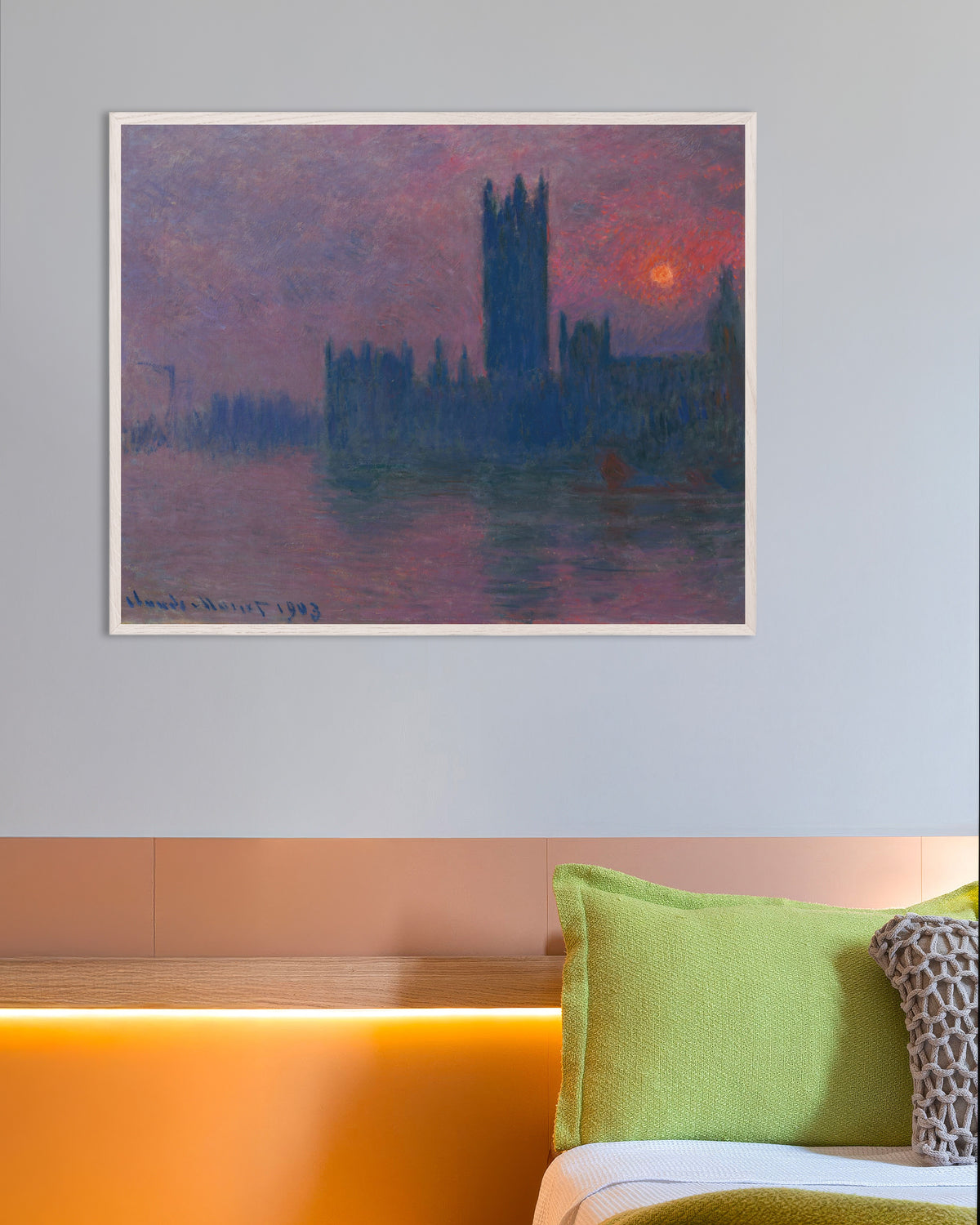 Poster of The Parliament, Setting Sun (1900–1903) by Claude Monet, with white wooden frame