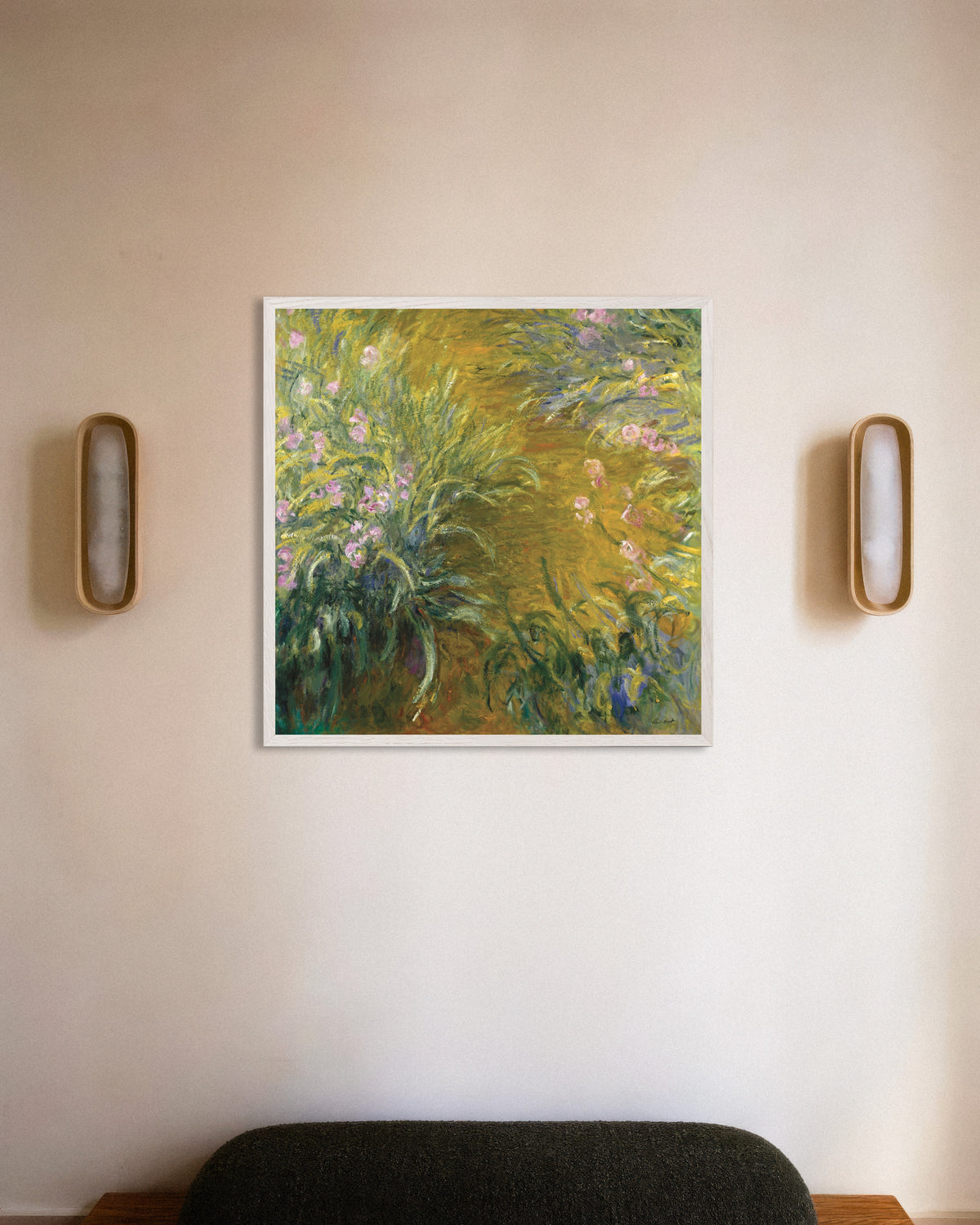 Poster of The Path through the Irises (1914–1917) by Claude Monet, with white wooden frame