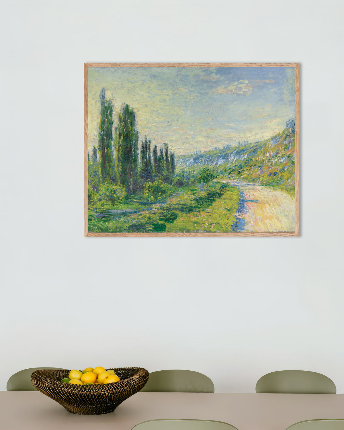 Poster of The Road at Vétheuil (c. 1880) by Claude Monet, with natural wooden frame