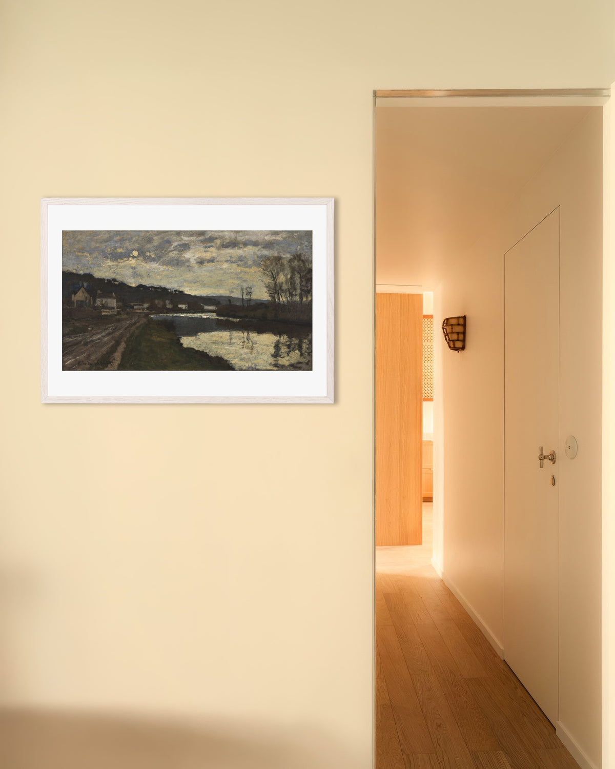 Poster of The Seine at Bougival (1870) by Claude Monet, with white wooden frame