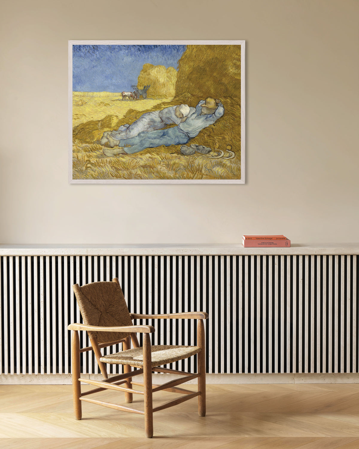 Poster of The Siesta, after Millet (1890) by Vincent van Gogh, with white wooden frame