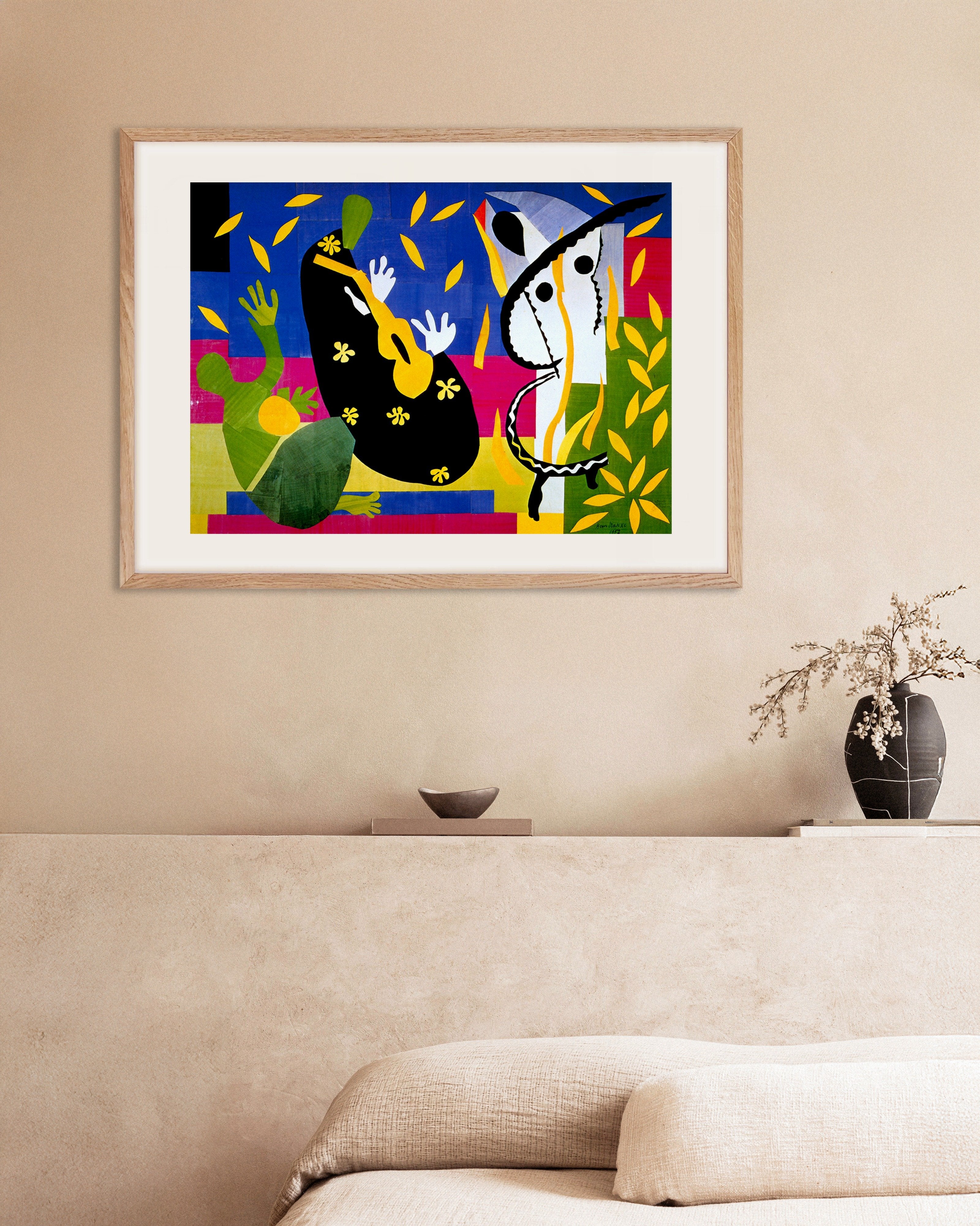 Poster of The sorrows of the king by Henri Matisse, with natural wooden frame