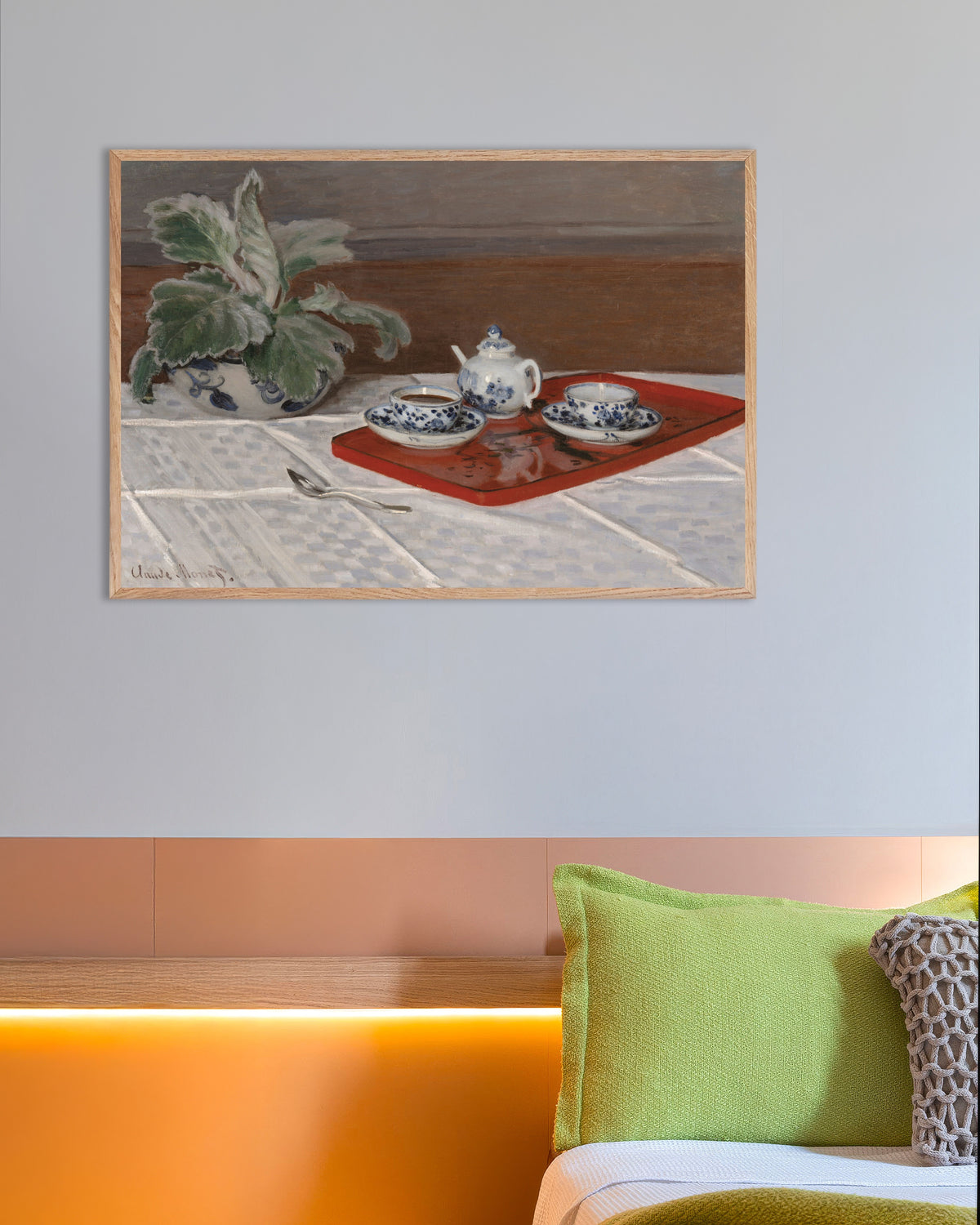 Plakat Teserviset (1872) av Claude Monet med ramme i naturtre